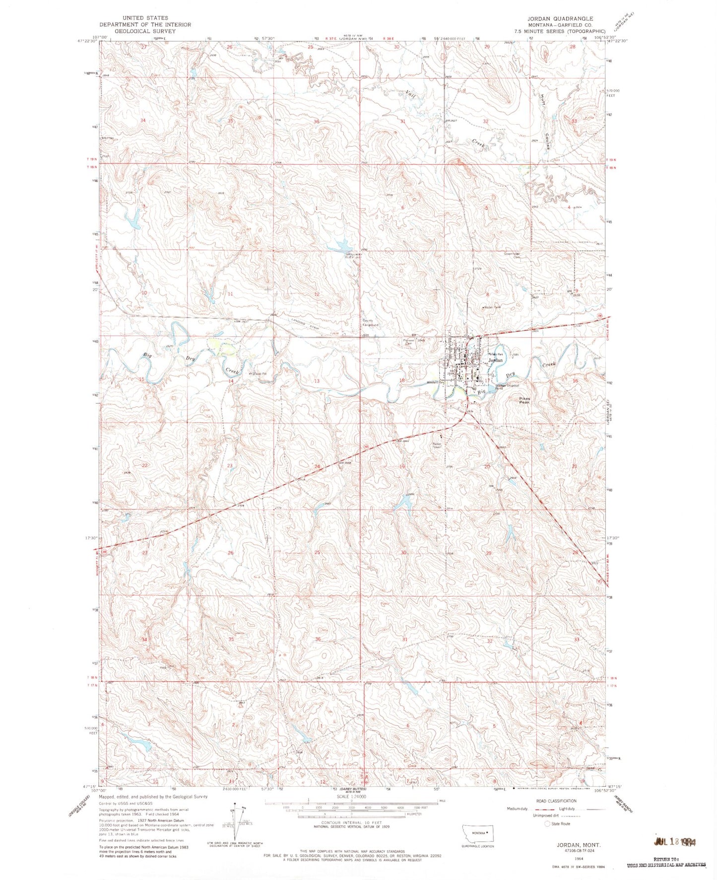 Classic USGS Jordan Montana 7.5'x7.5' Topo Map Image