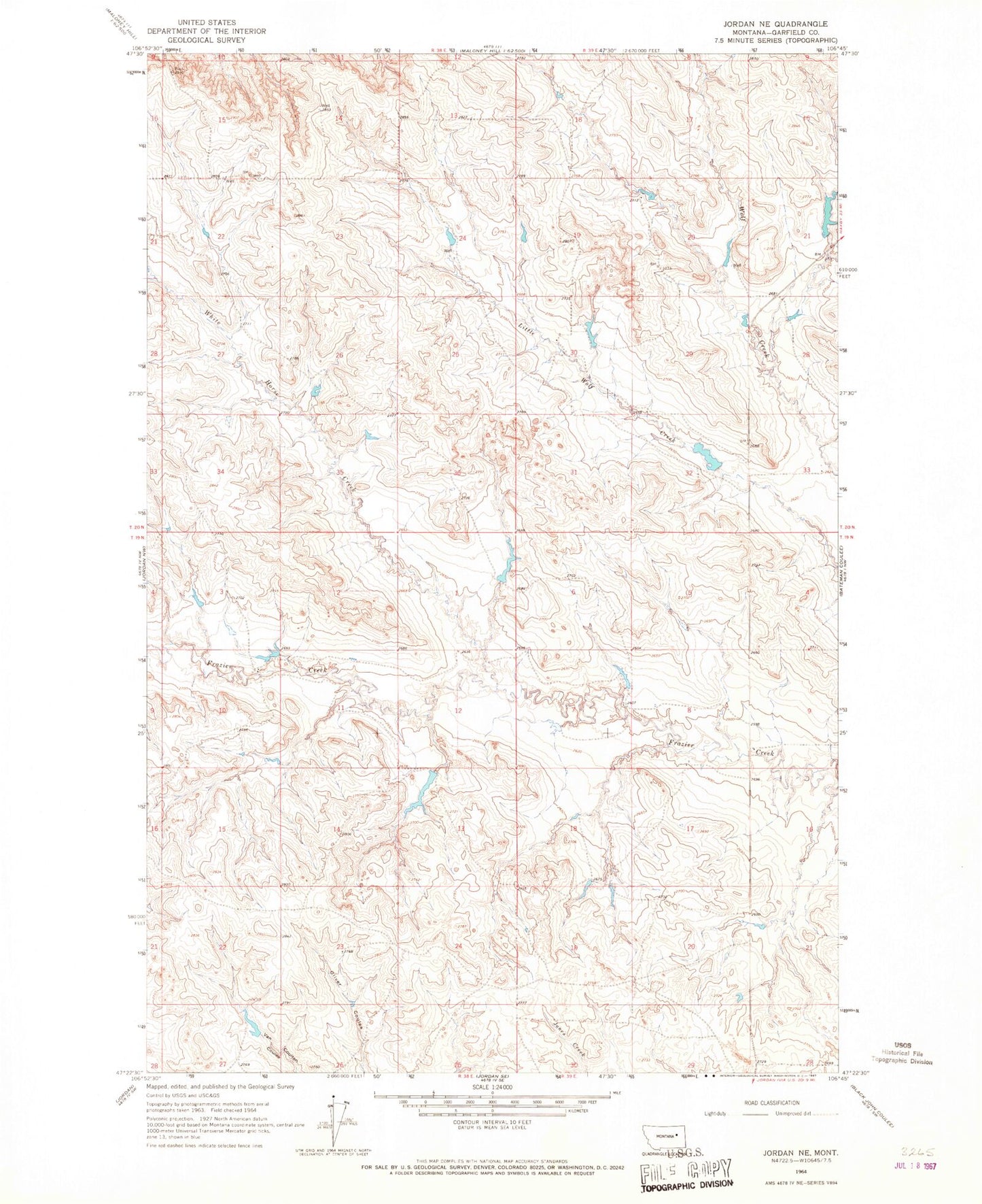 Classic USGS Jordan NE Montana 7.5'x7.5' Topo Map Image