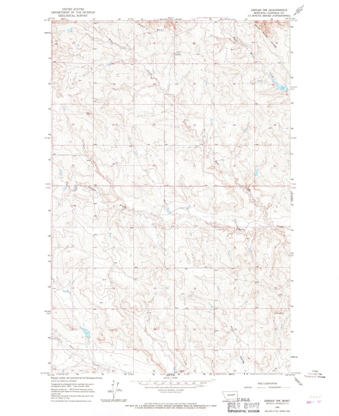 Classic USGS Jordan NW Montana 7.5'x7.5' Topo Map Image