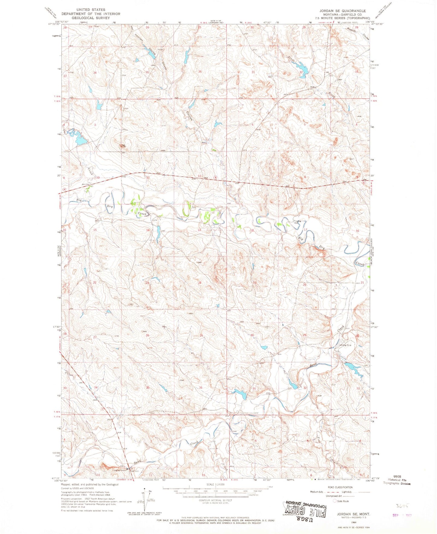 Classic USGS Jordan SE Montana 7.5'x7.5' Topo Map Image