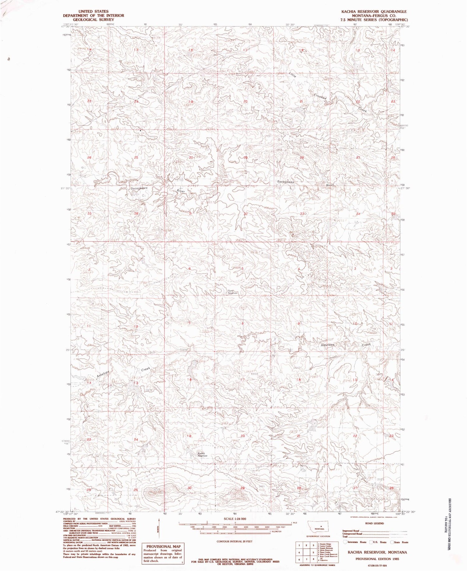 Classic USGS Kachia Reservoir Montana 7.5'x7.5' Topo Map Image