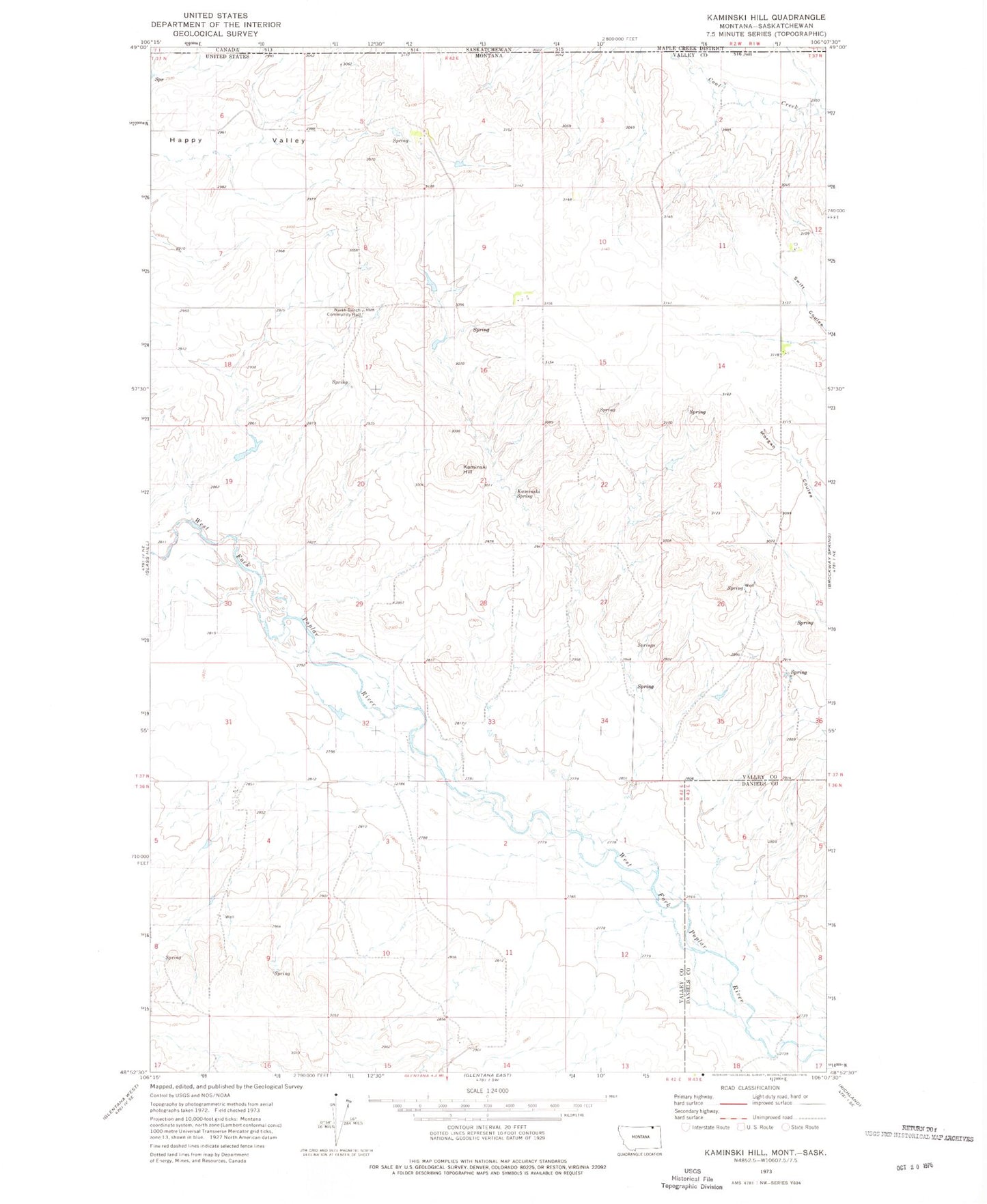 Classic USGS Kaminski Hill Montana 7.5'x7.5' Topo Map Image