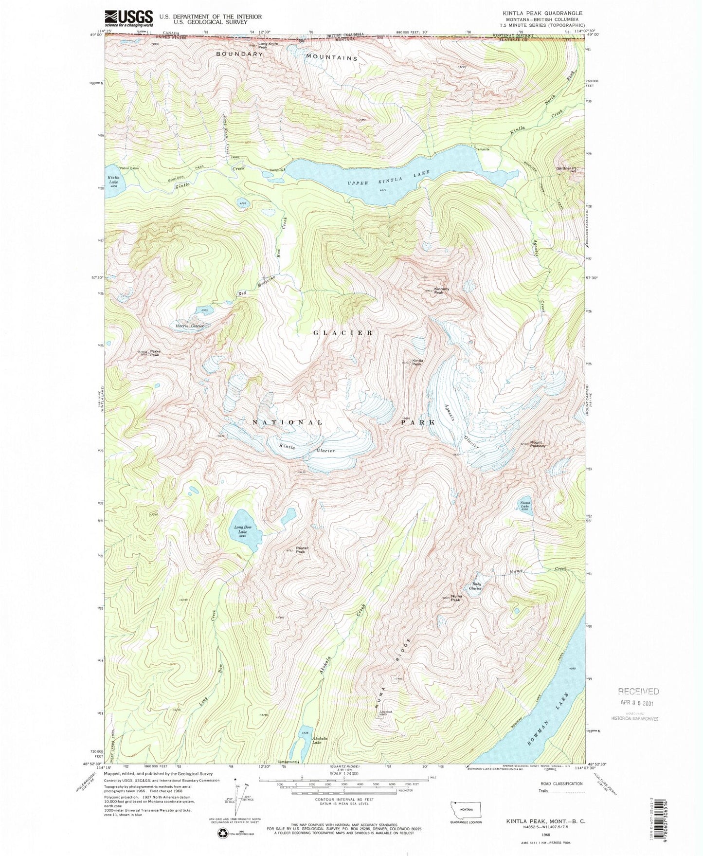 Classic USGS Kintla Peak Montana 7.5'x7.5' Topo Map Image