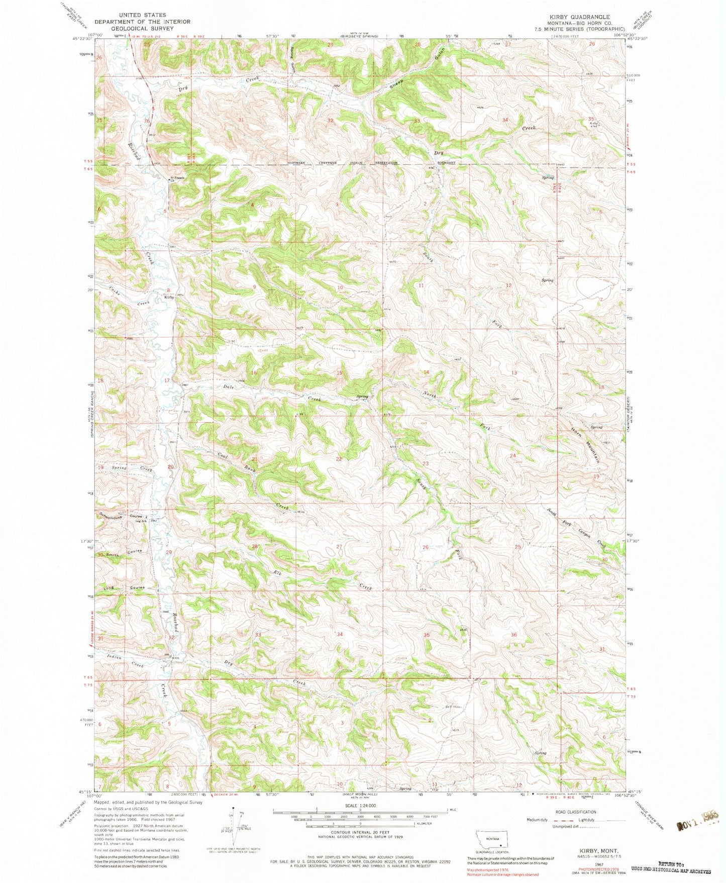 Classic USGS Kirby Montana 7.5'x7.5' Topo Map Image