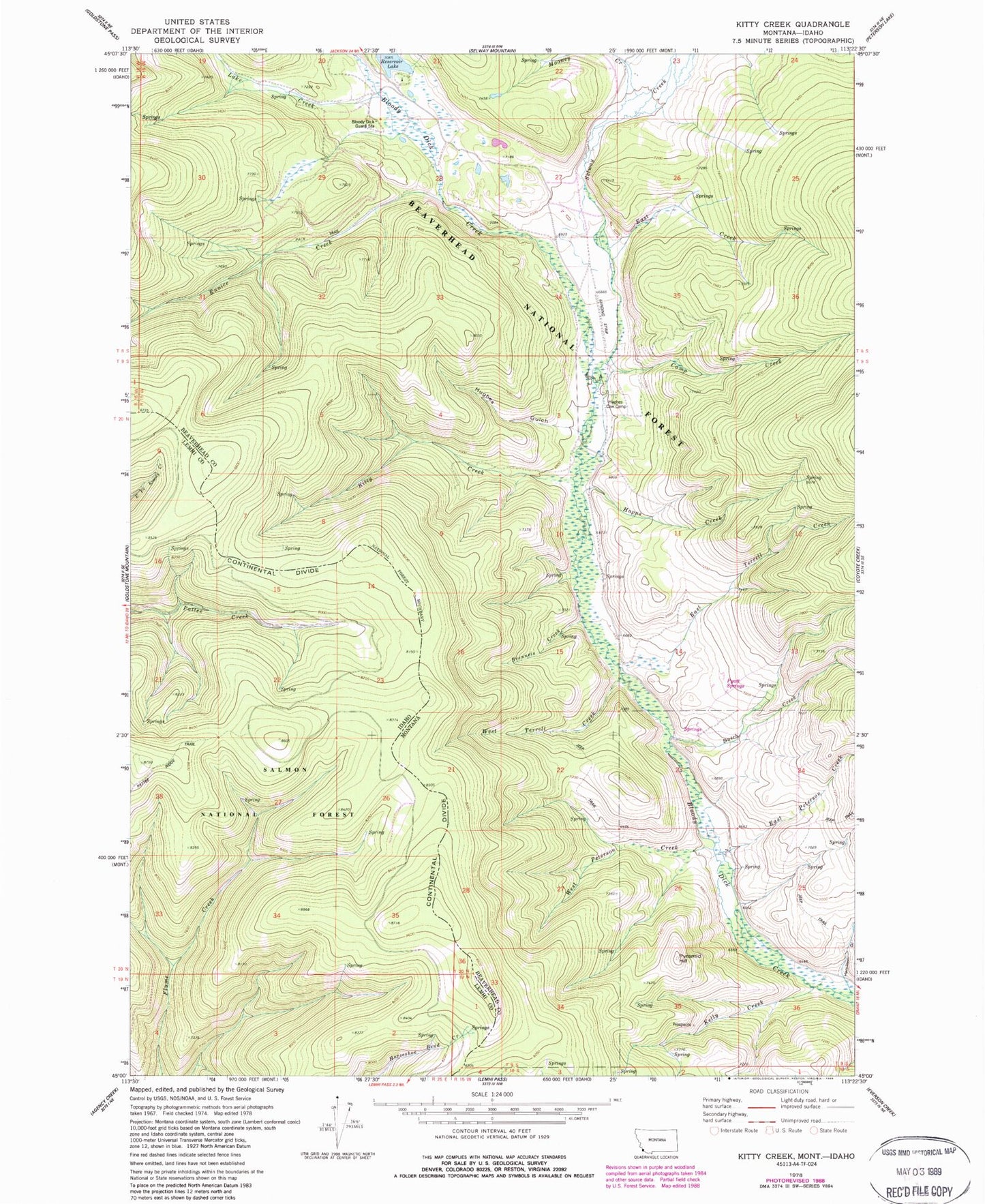 Classic USGS Kitty Creek Montana 7.5'x7.5' Topo Map Image