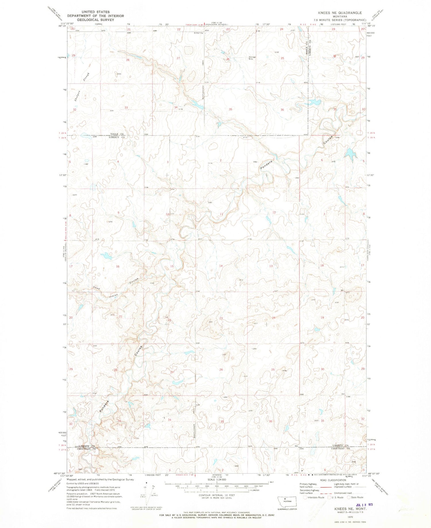 Classic USGS Knees NE Montana 7.5'x7.5' Topo Map Image