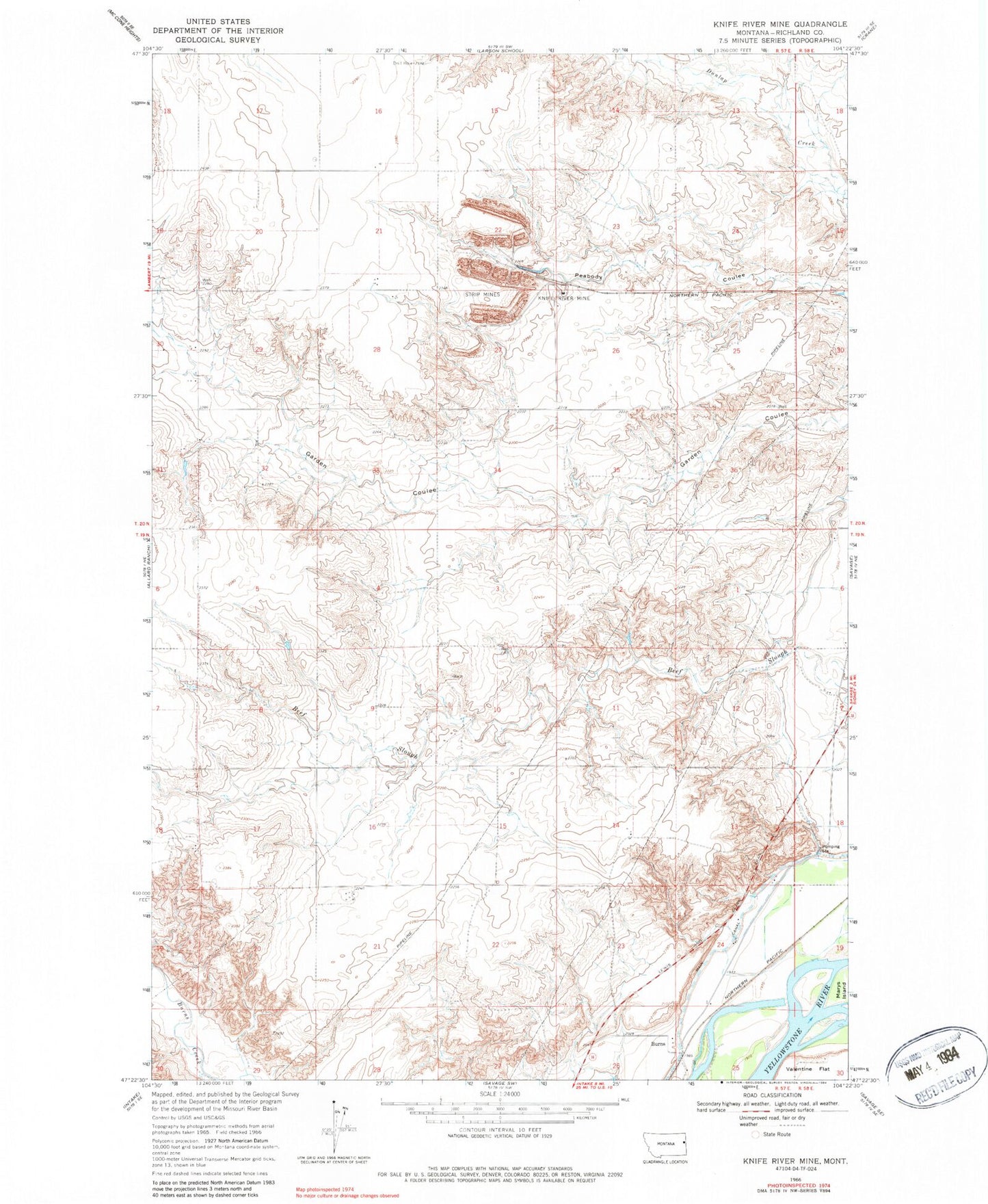 Classic USGS Knife River Mine Montana 7.5'x7.5' Topo Map Image