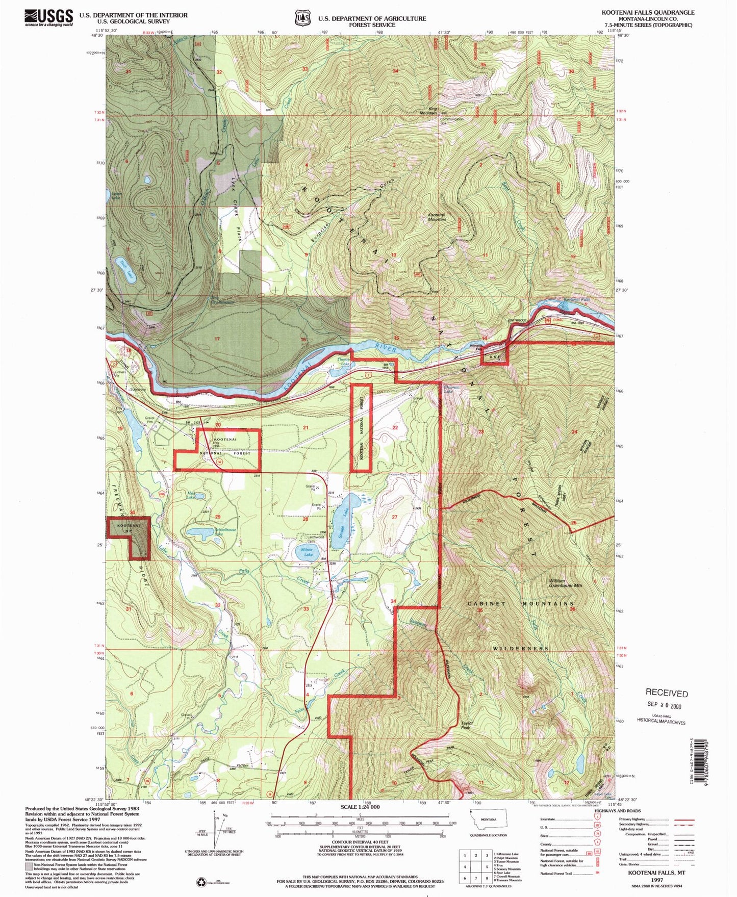 Classic USGS Kootenai Falls Montana 7.5'x7.5' Topo Map Image