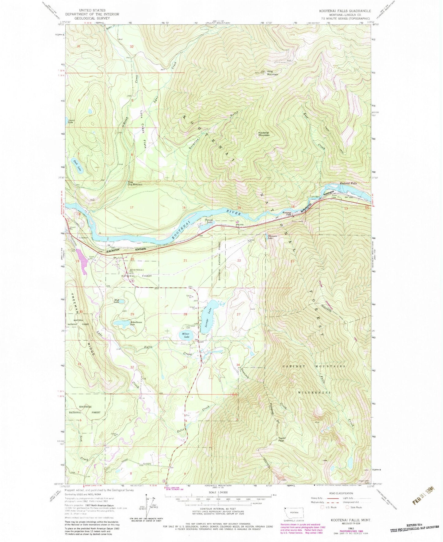 Classic USGS Kootenai Falls Montana 7.5'x7.5' Topo Map Image