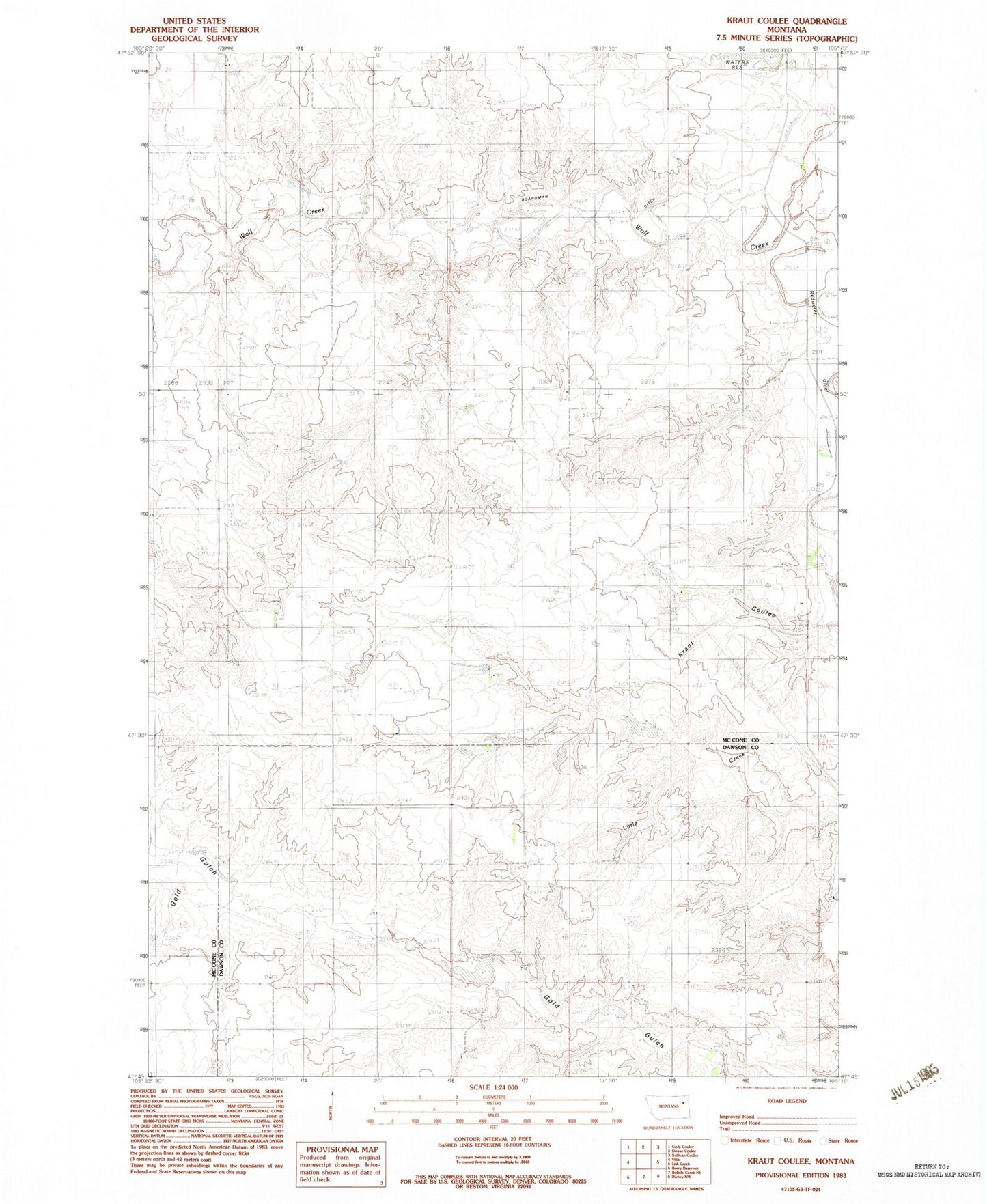 Classic USGS Kraut Coulee Montana 7.5'x7.5' Topo Map Image