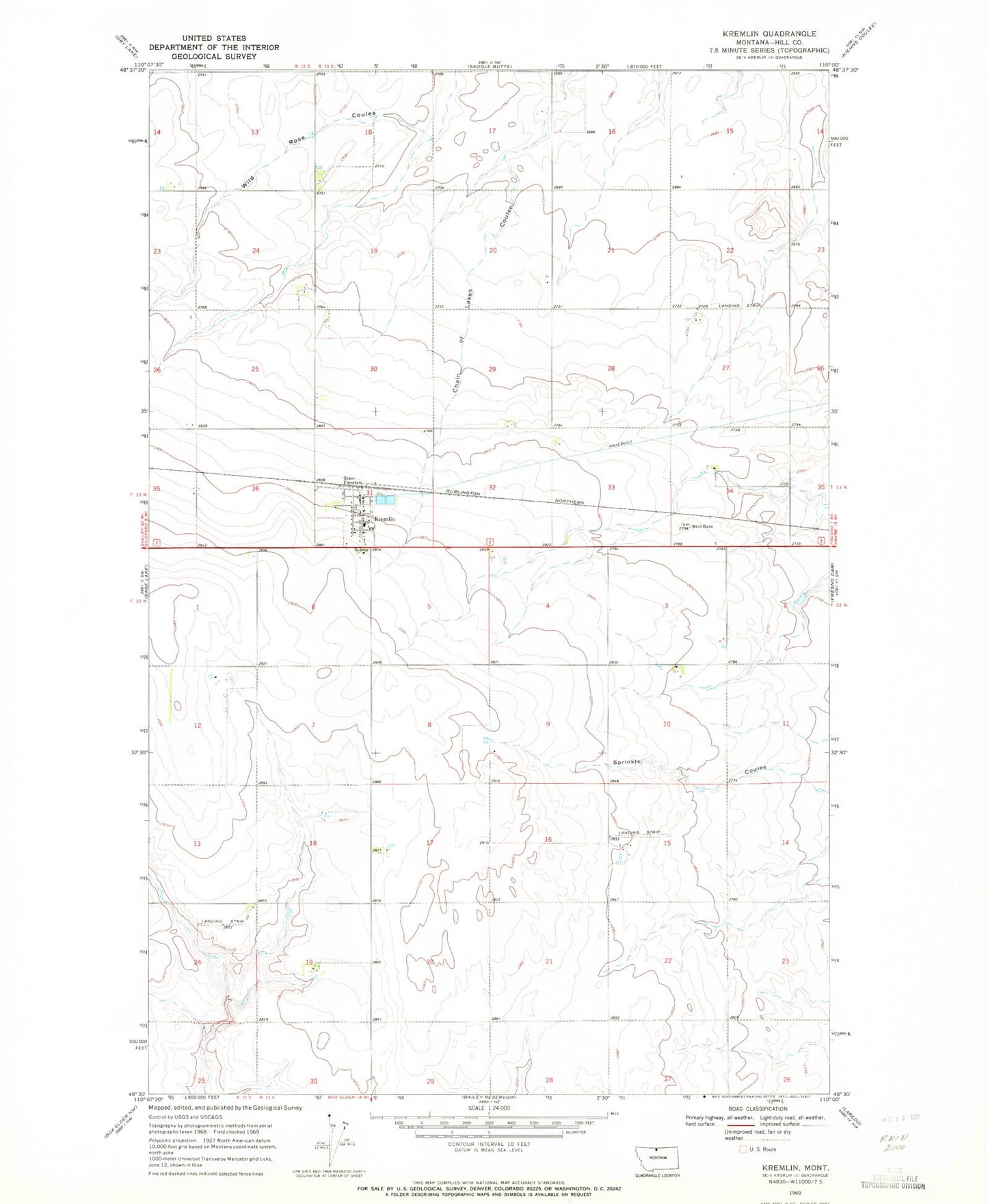 Classic USGS Kremlin Montana 7.5'x7.5' Topo Map Image
