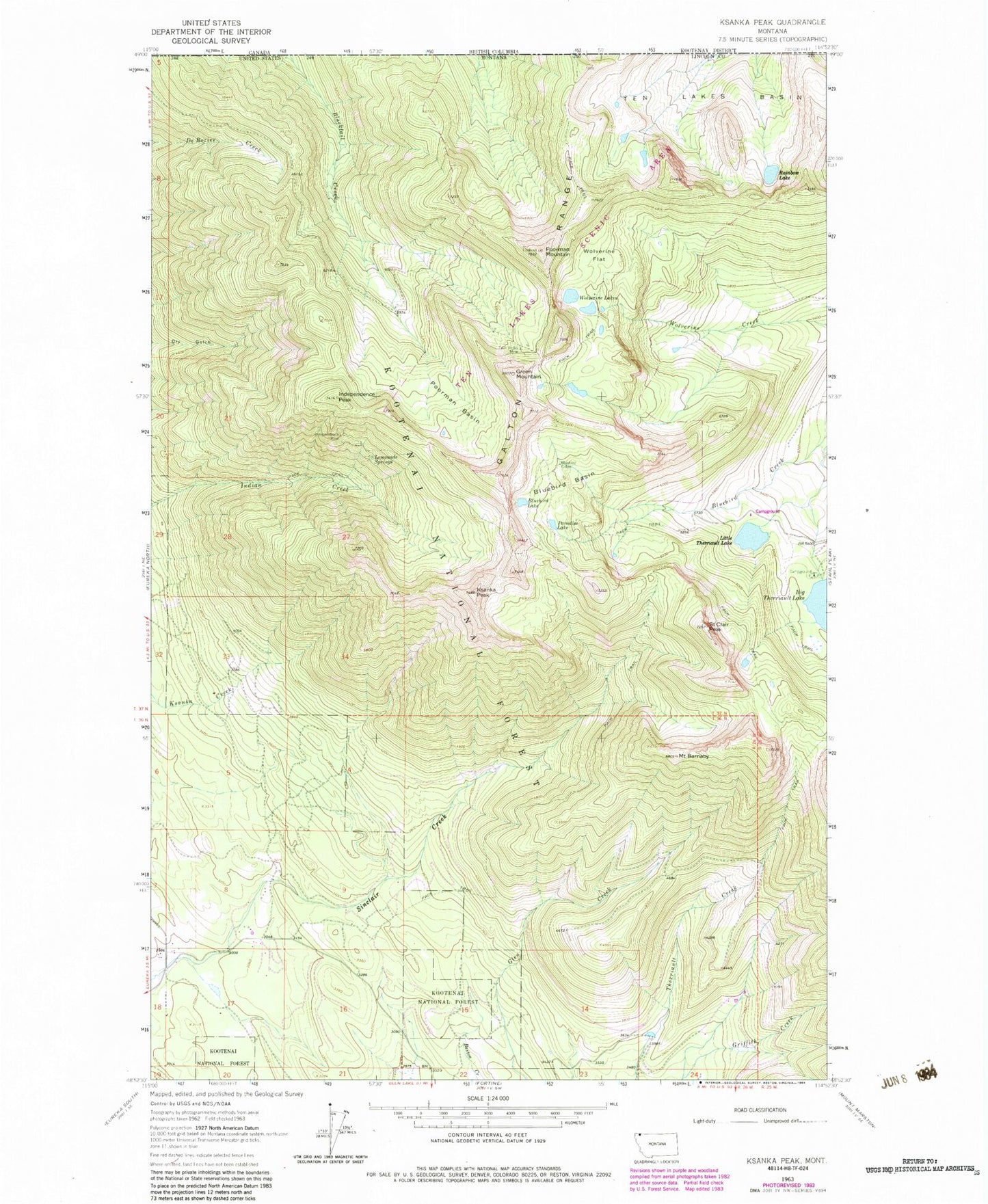 Classic USGS Ksanka Peak Montana 7.5'x7.5' Topo Map Image