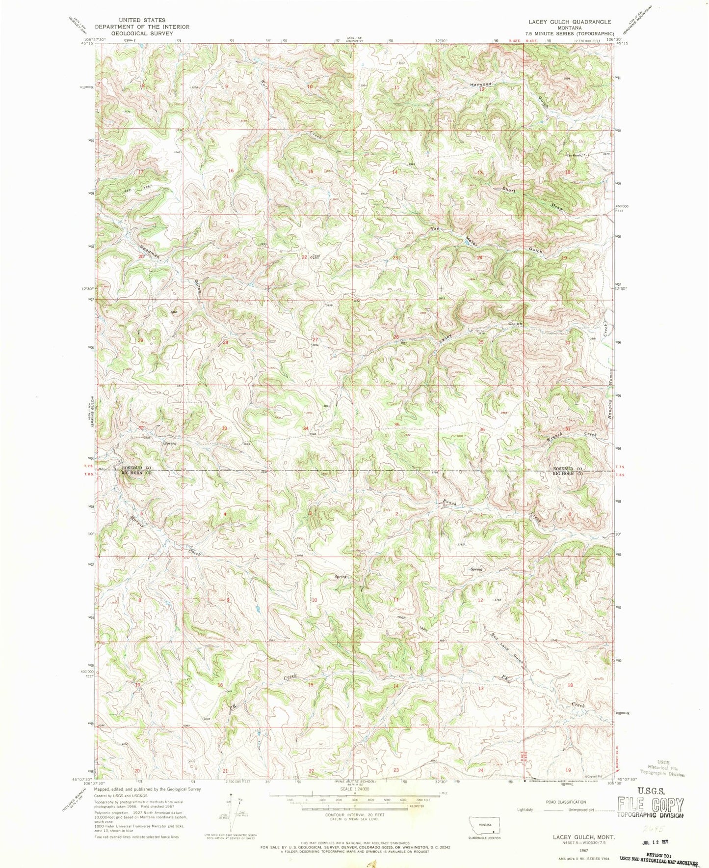 Classic USGS Lacey Gulch Montana 7.5'x7.5' Topo Map Image