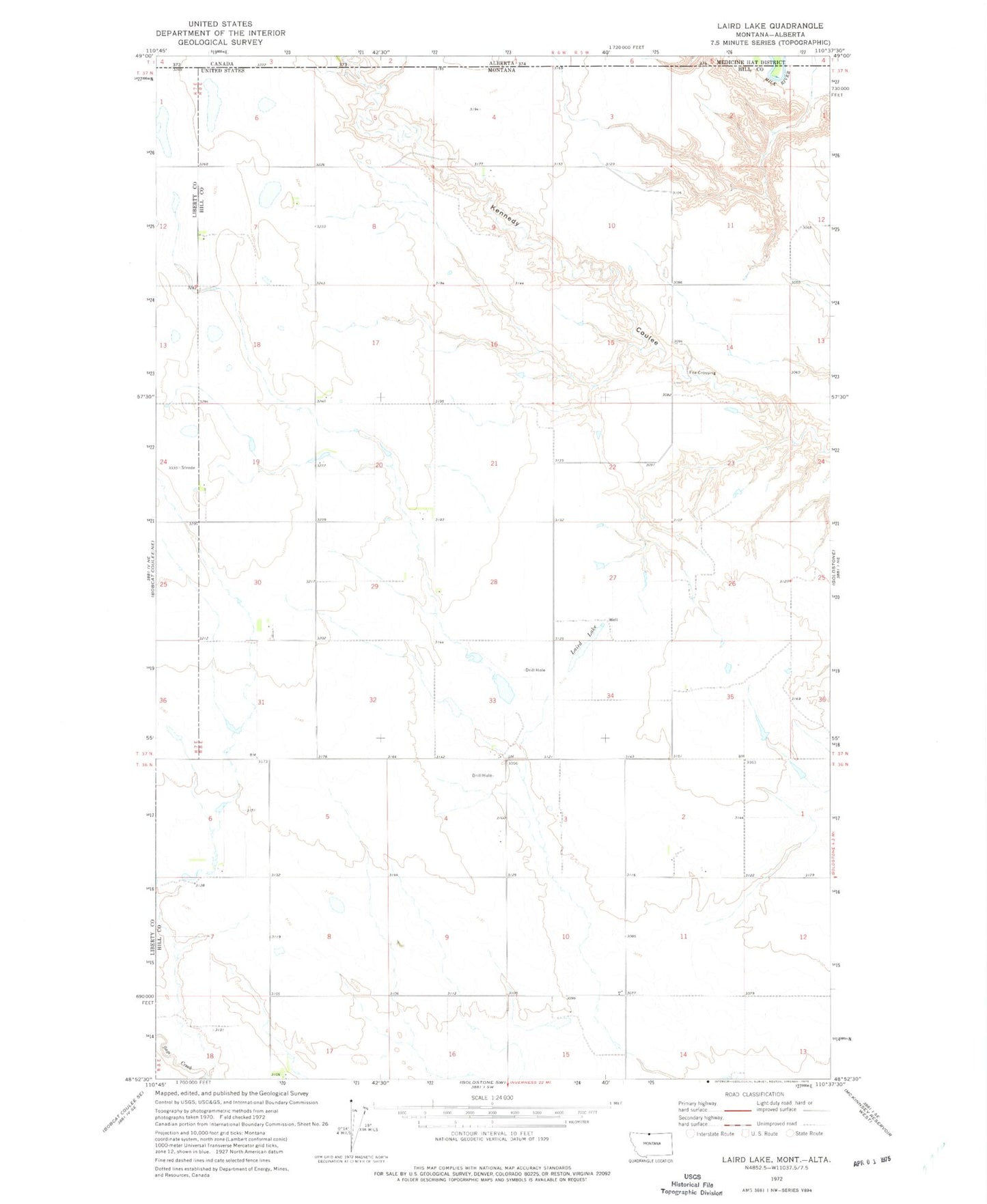 Classic USGS Laird Lake Montana 7.5'x7.5' Topo Map Image