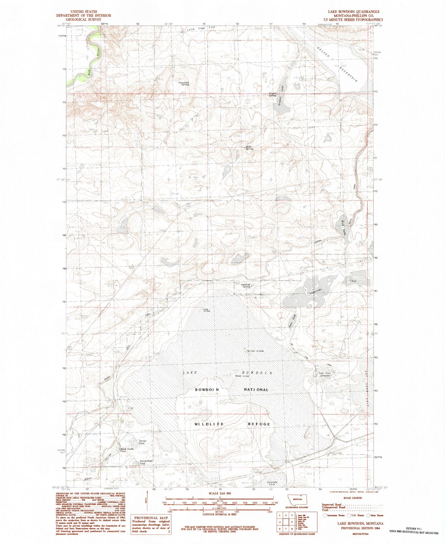 Classic USGS Lake Bowdoin Montana 7.5'x7.5' Topo Map Image