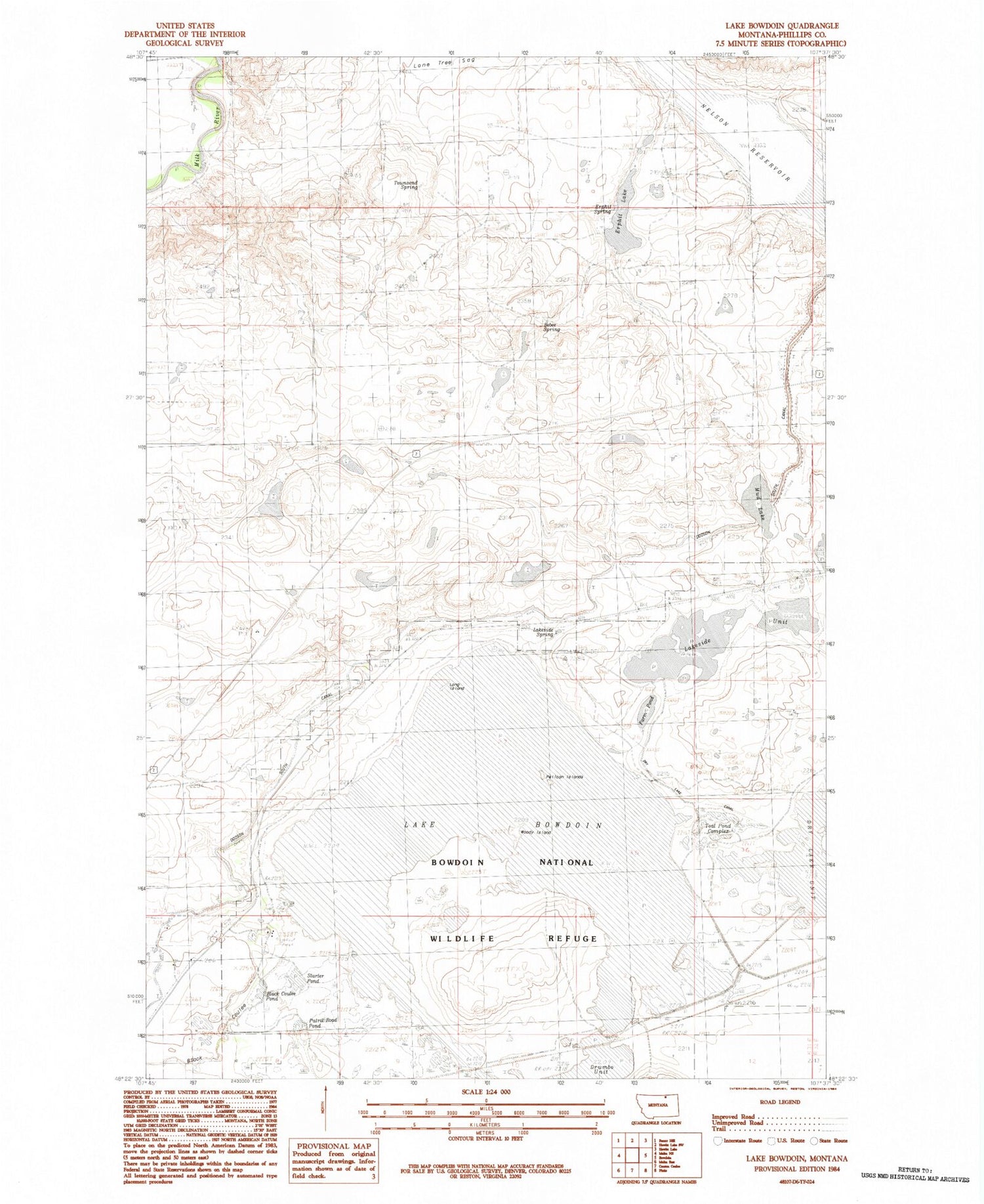 Classic USGS Lake Bowdoin Montana 7.5'x7.5' Topo Map Image