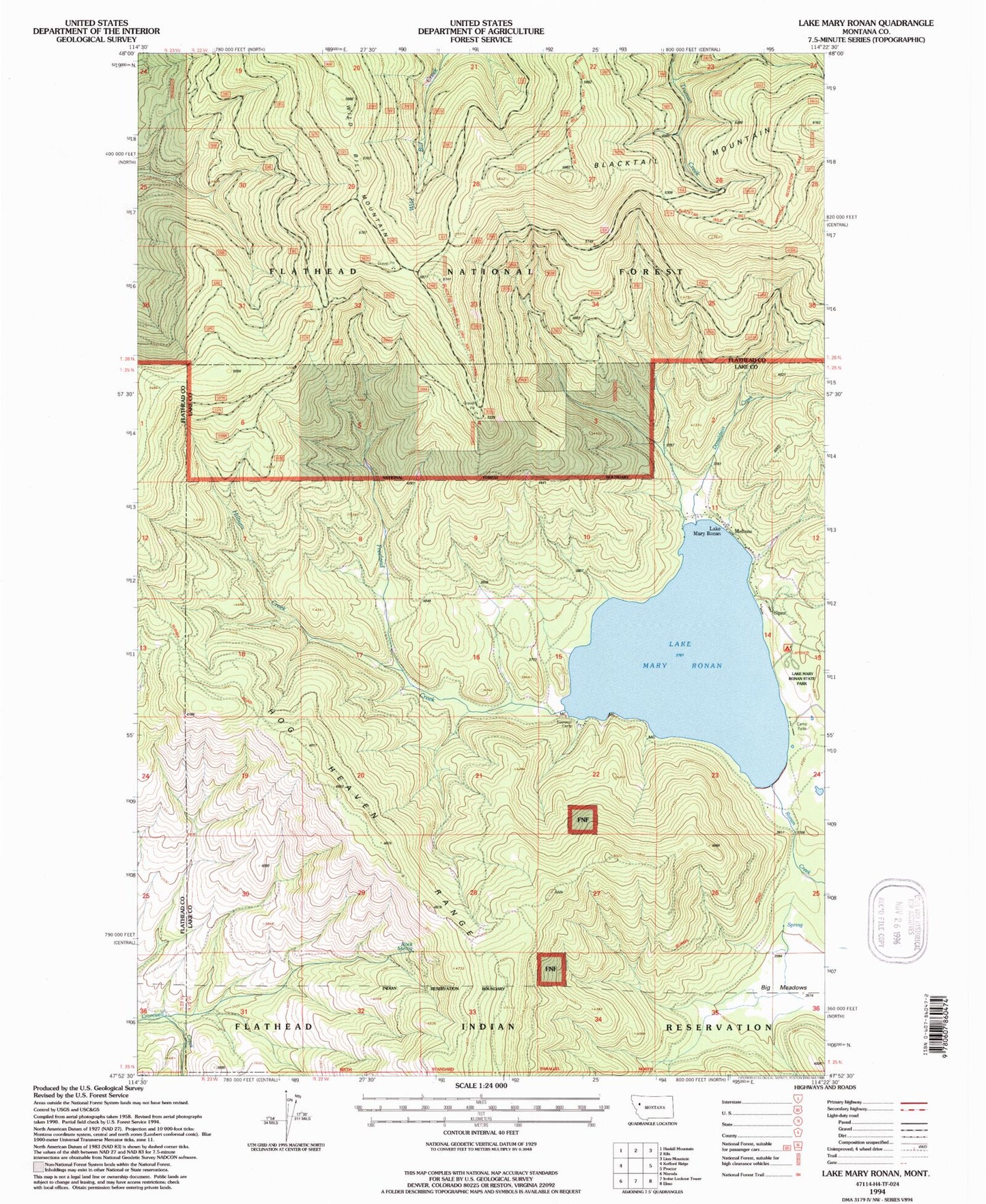 Classic USGS Lake Mary Ronan Montana 7.5'x7.5' Topo Map Image