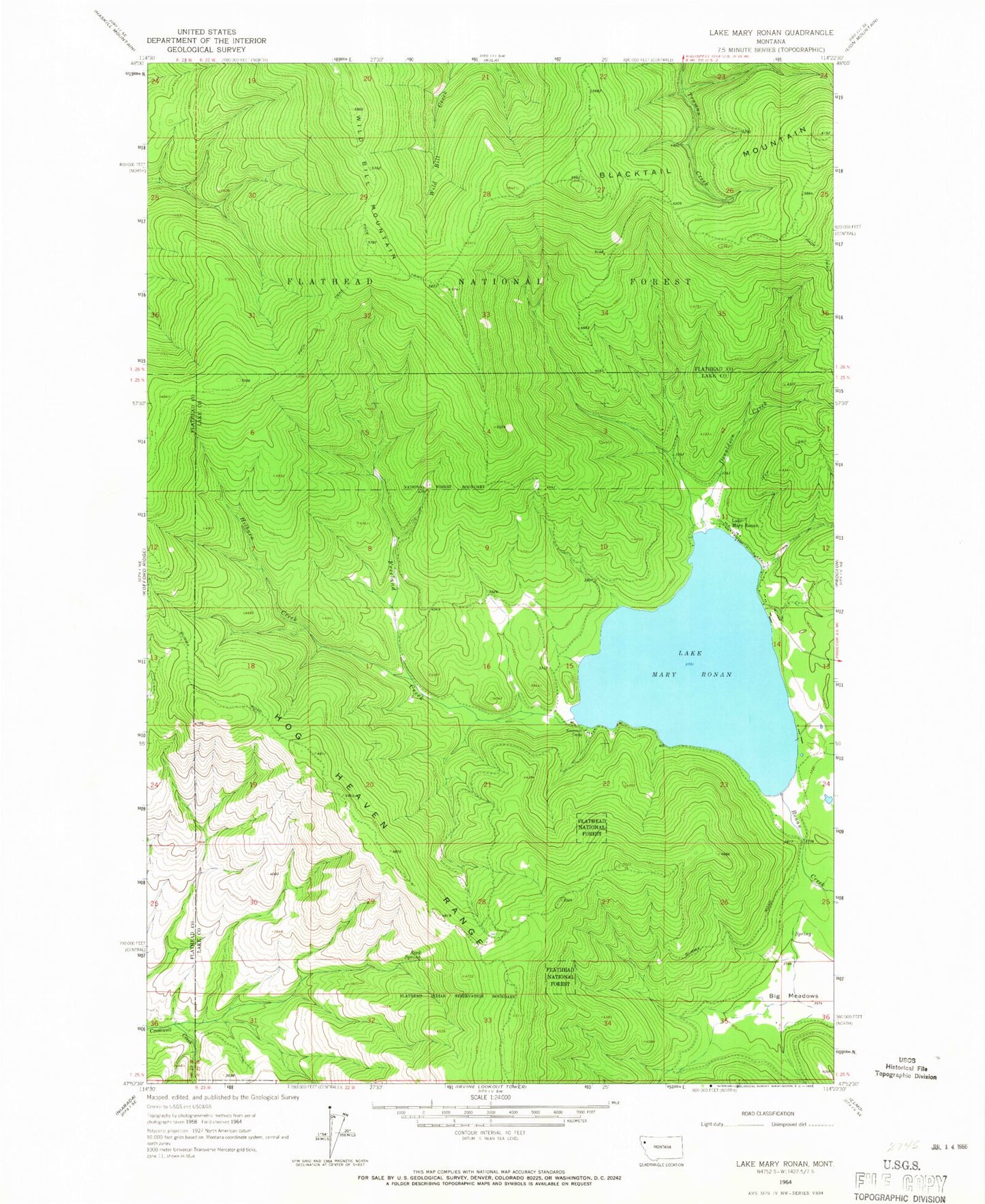 Classic USGS Lake Mary Ronan Montana 7.5'x7.5' Topo Map Image