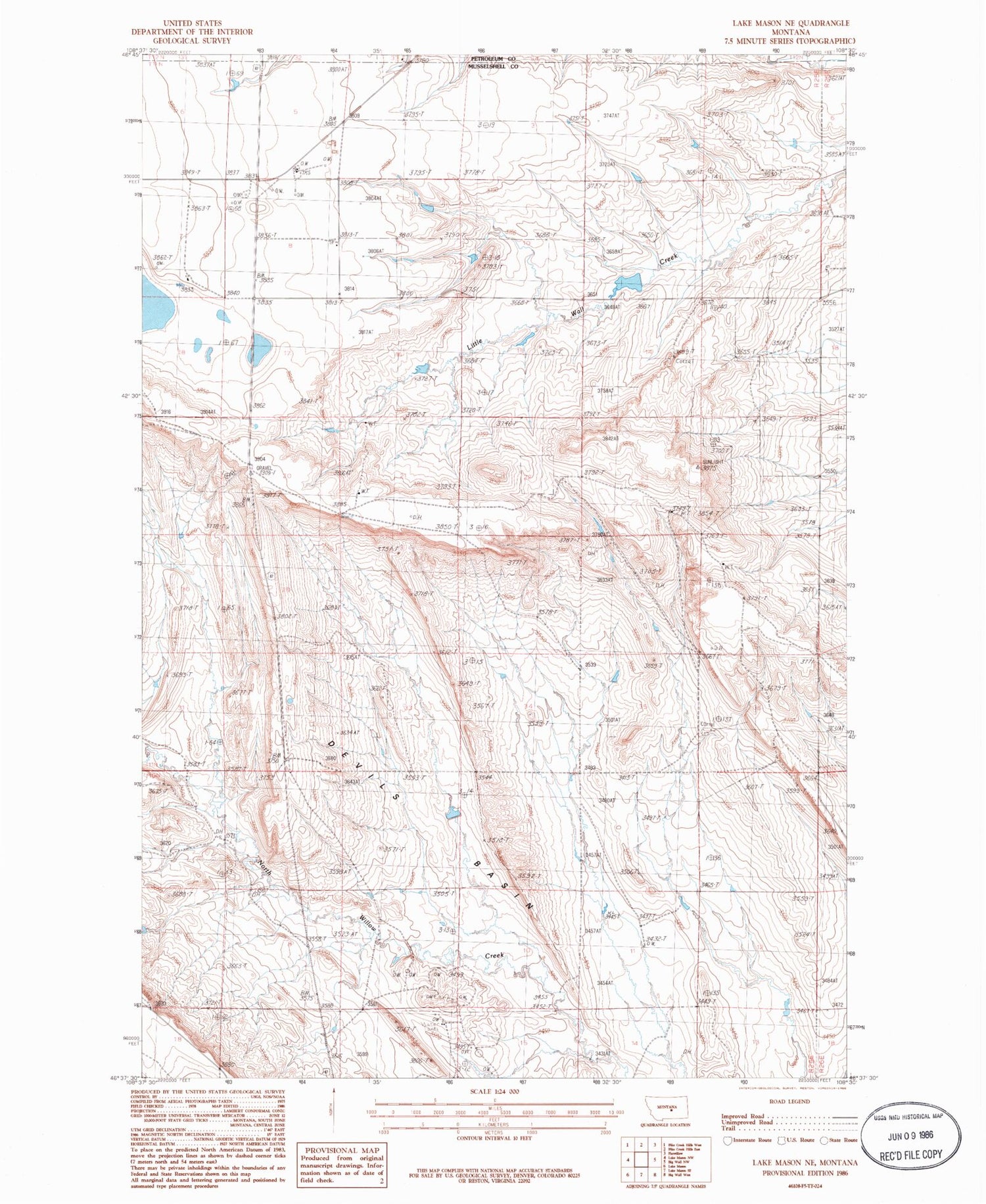 Classic USGS Lake Mason NE Montana 7.5'x7.5' Topo Map Image