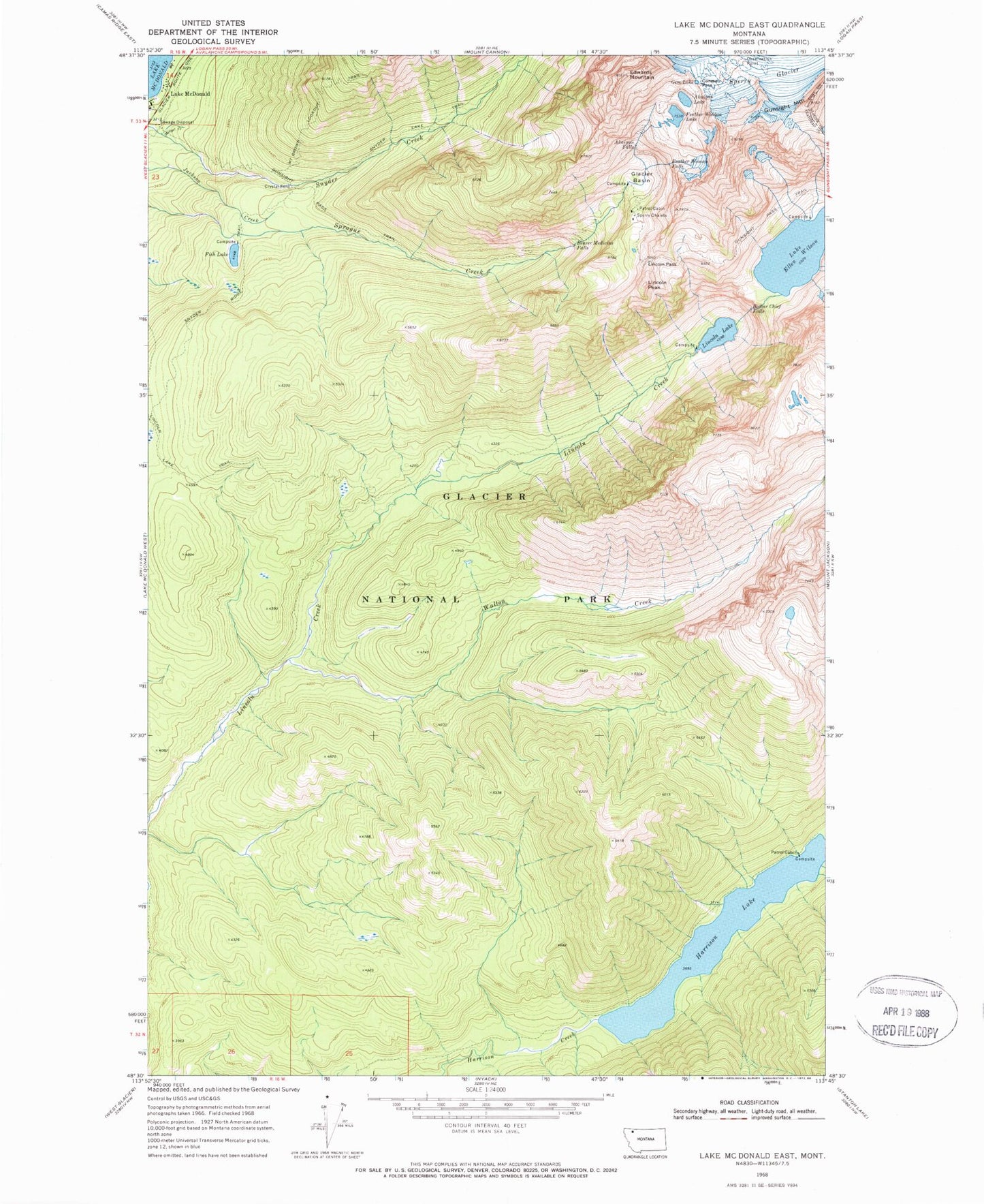 Classic USGS Lake McDonald East Montana 7.5'x7.5' Topo Map Image