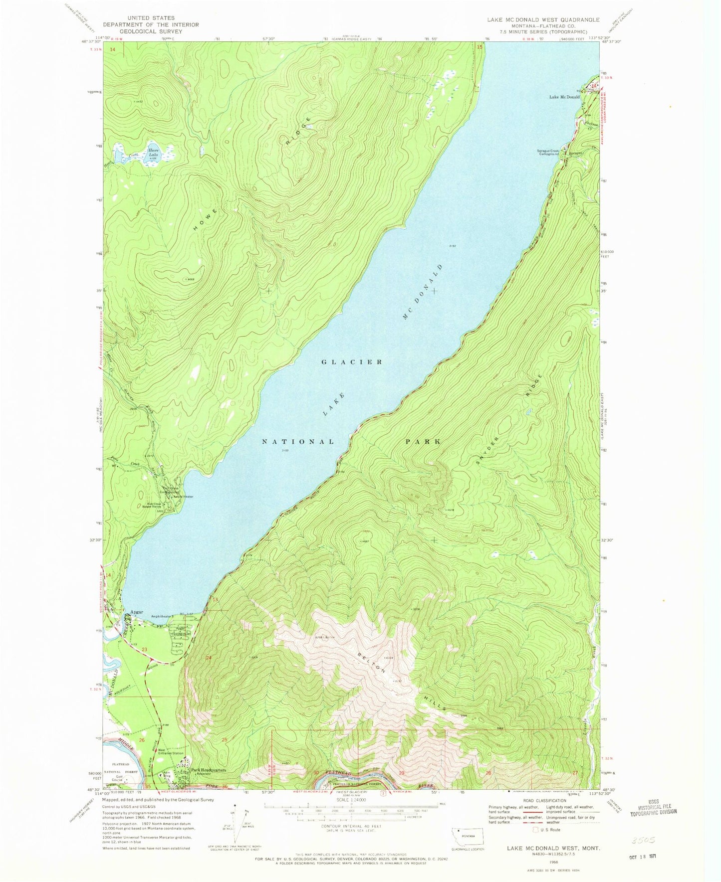 Classic USGS Lake McDonald West Montana 7.5'x7.5' Topo Map Image