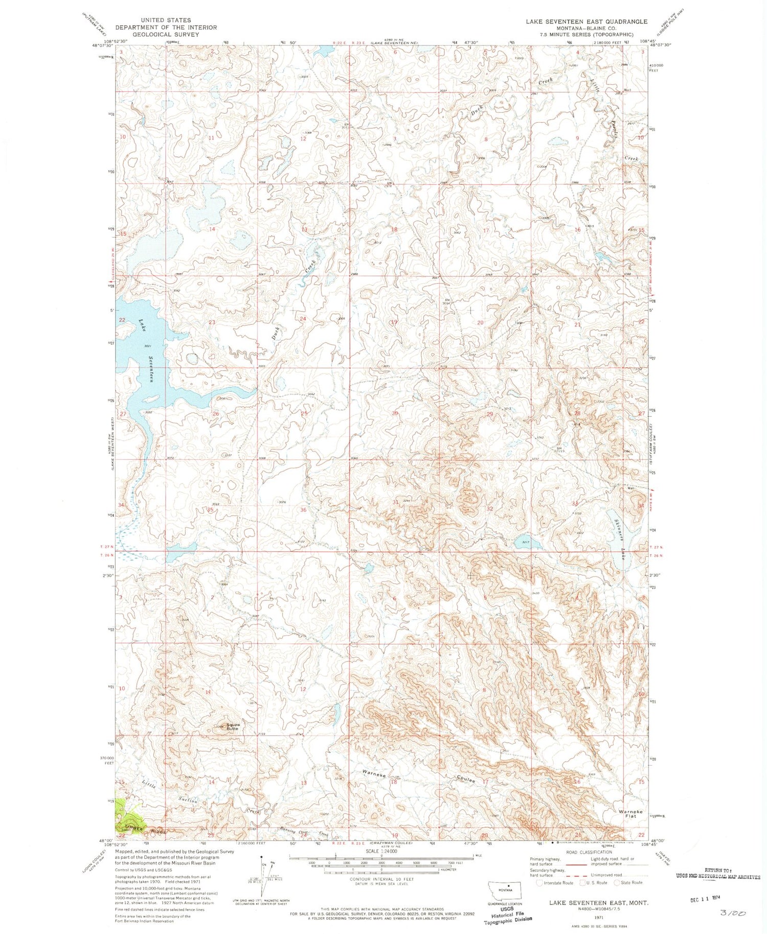 Classic USGS Lake Seventeen East Montana 7.5'x7.5' Topo Map Image