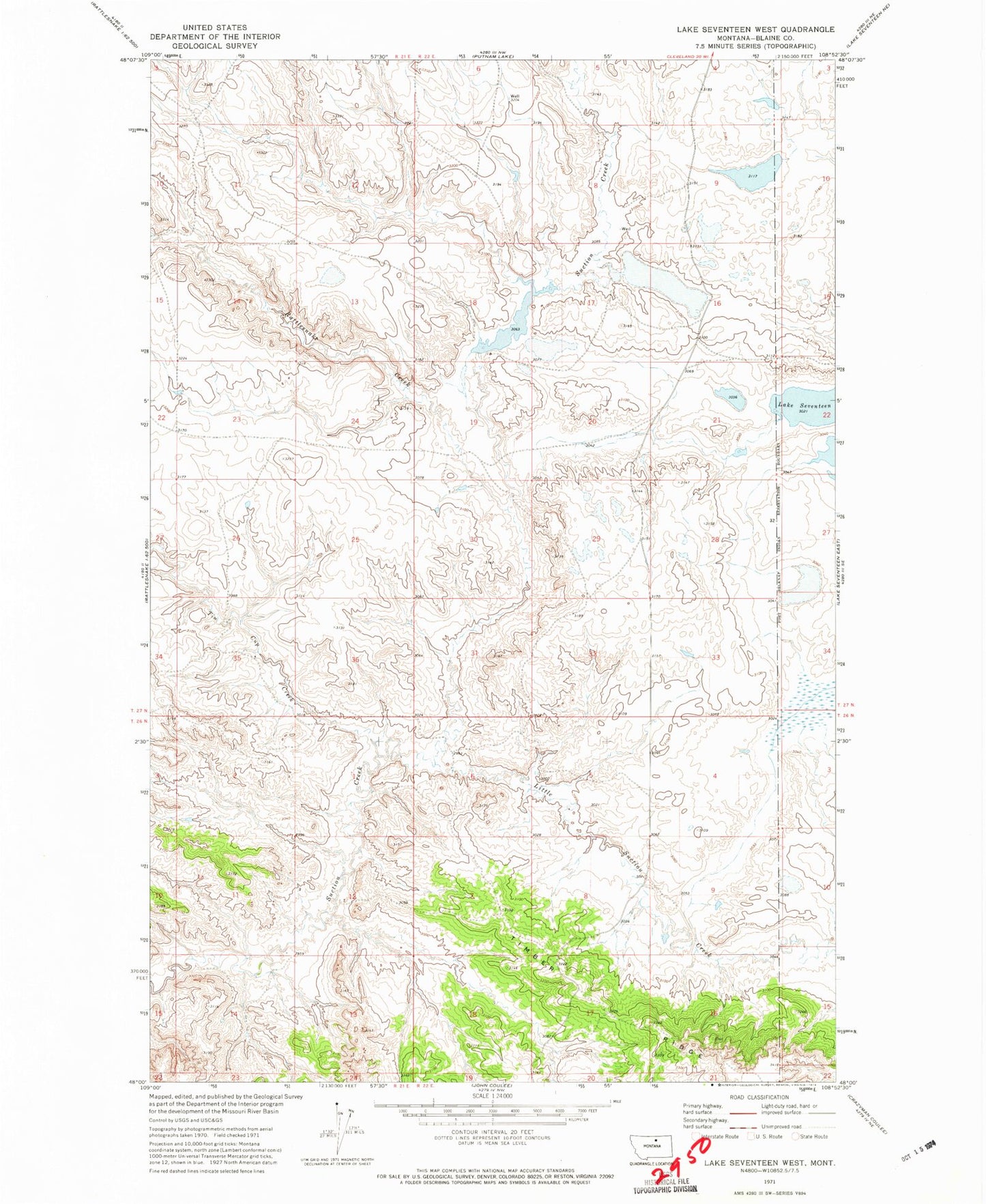 Classic USGS Lake Seventeen West Montana 7.5'x7.5' Topo Map Image