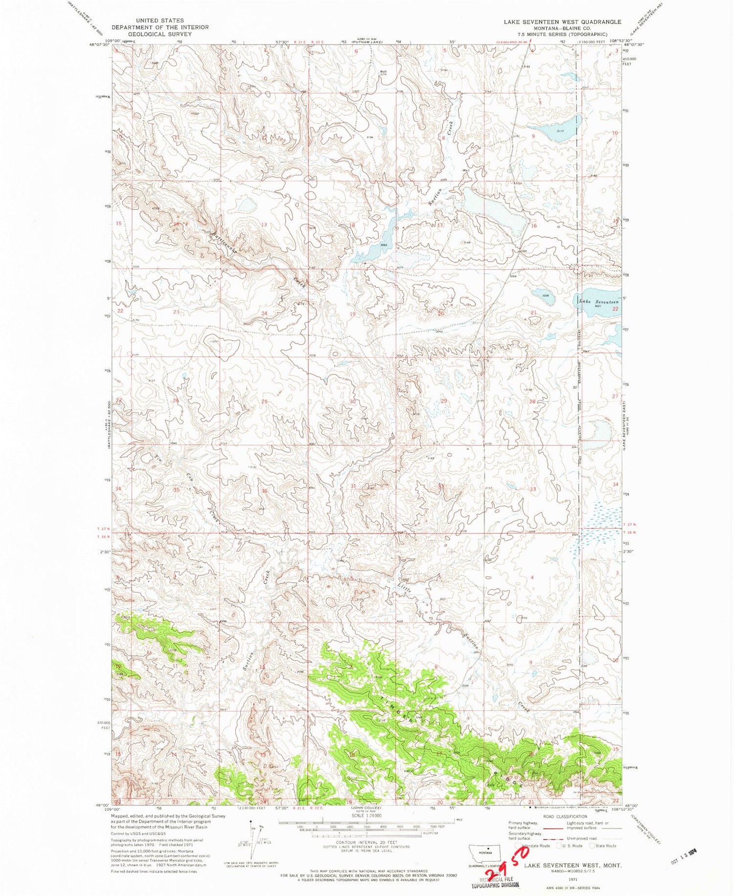 Classic USGS Lake Seventeen West Montana 7.5'x7.5' Topo Map Image