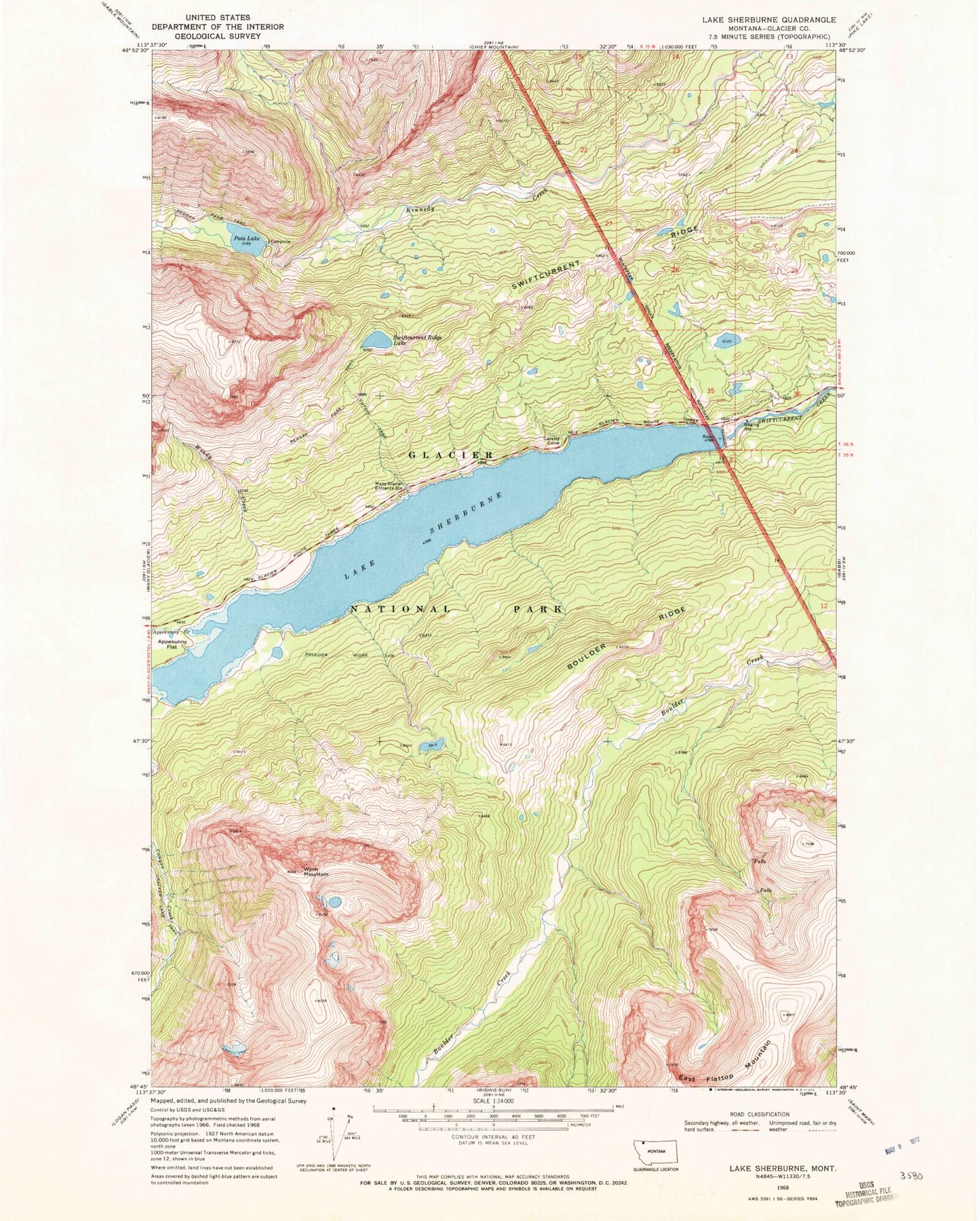 Classic USGS Lake Sherburne Montana 7.5'x7.5' Topo Map Image