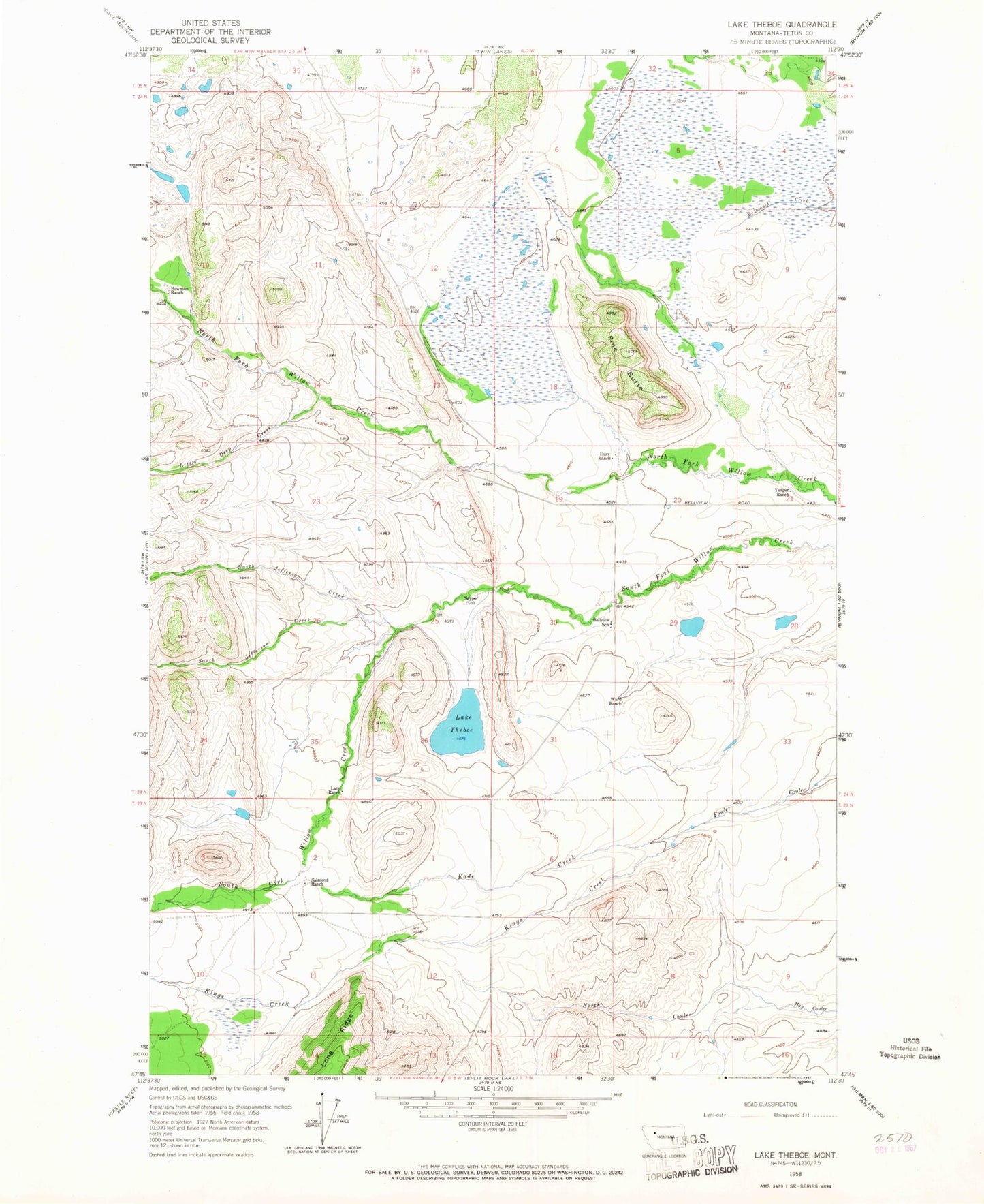 Classic USGS Lake Theboe Montana 7.5'x7.5' Topo Map Image
