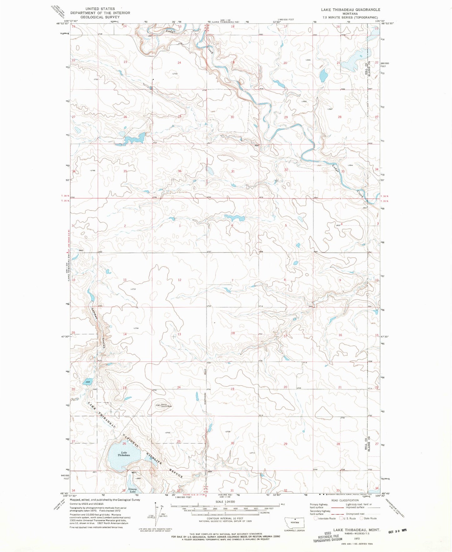 Classic USGS Lake Thibadeau Montana 7.5'x7.5' Topo Map Image