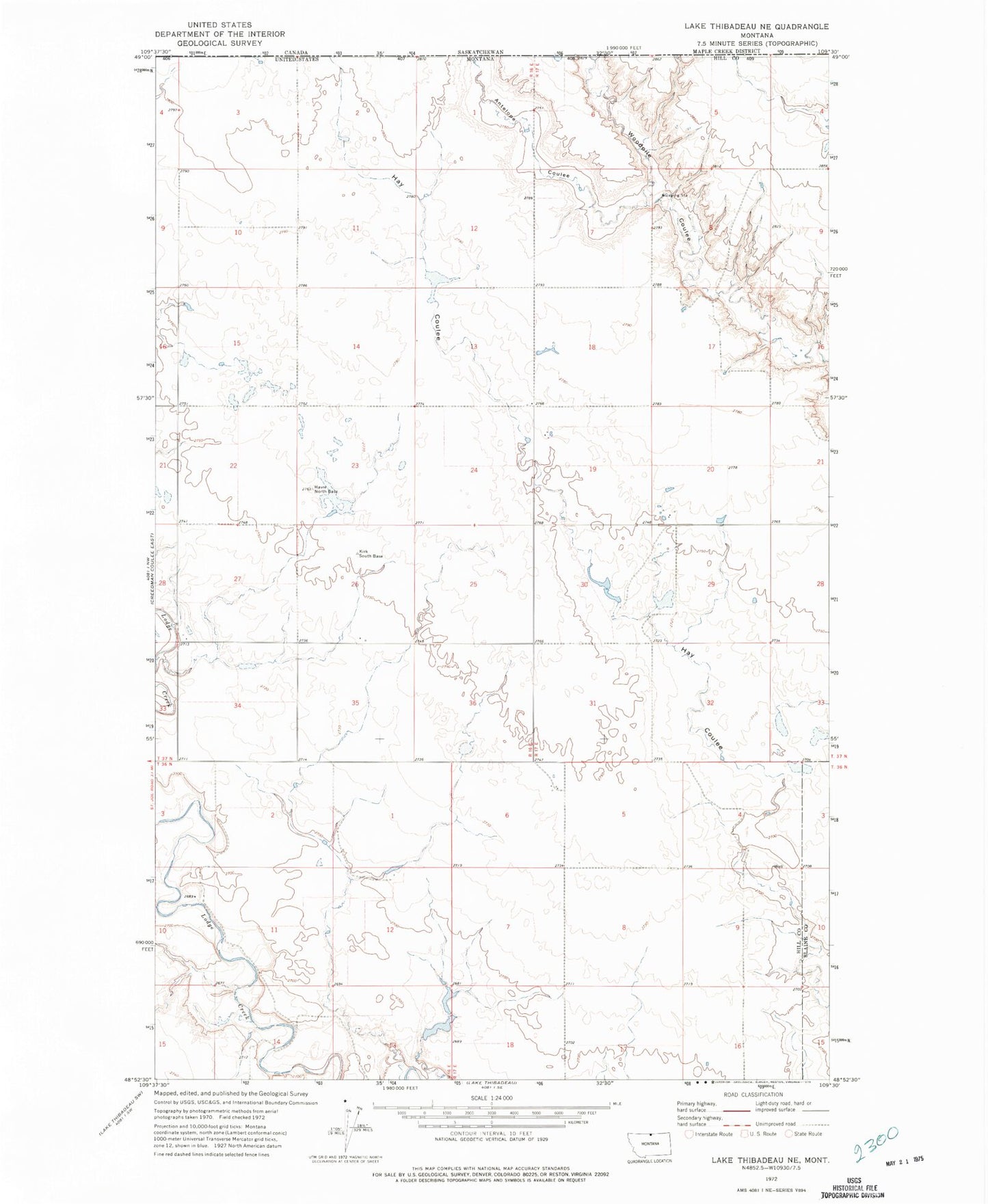 Classic USGS Lake Thibadeau NE Montana 7.5'x7.5' Topo Map Image