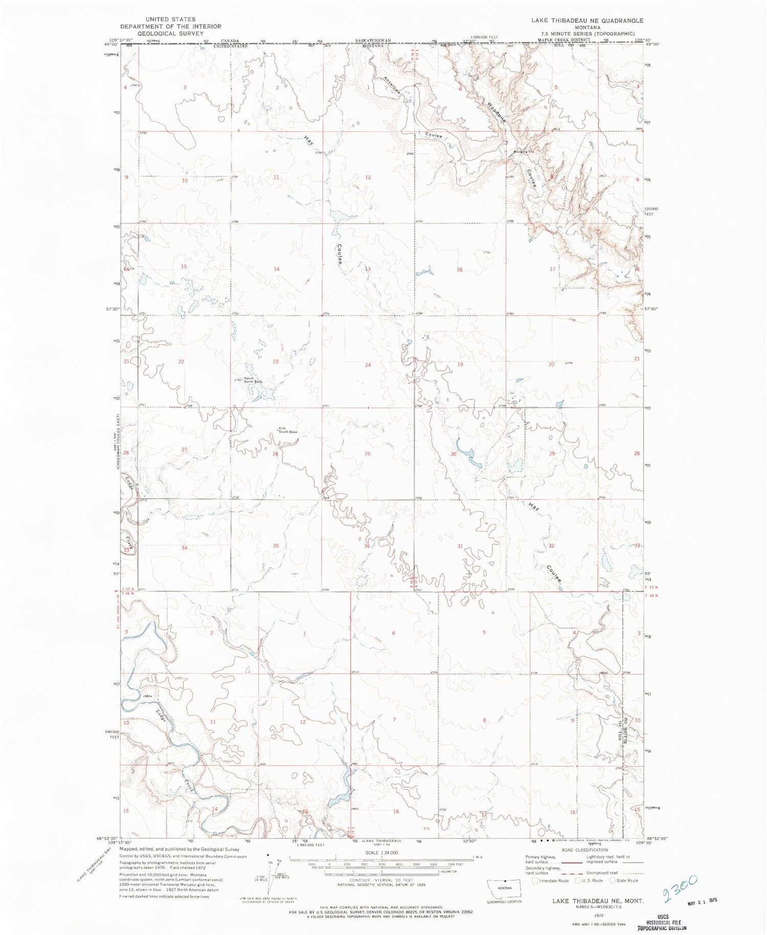 Classic USGS Lake Thibadeau NE Montana 7.5'x7.5' Topo Map Image