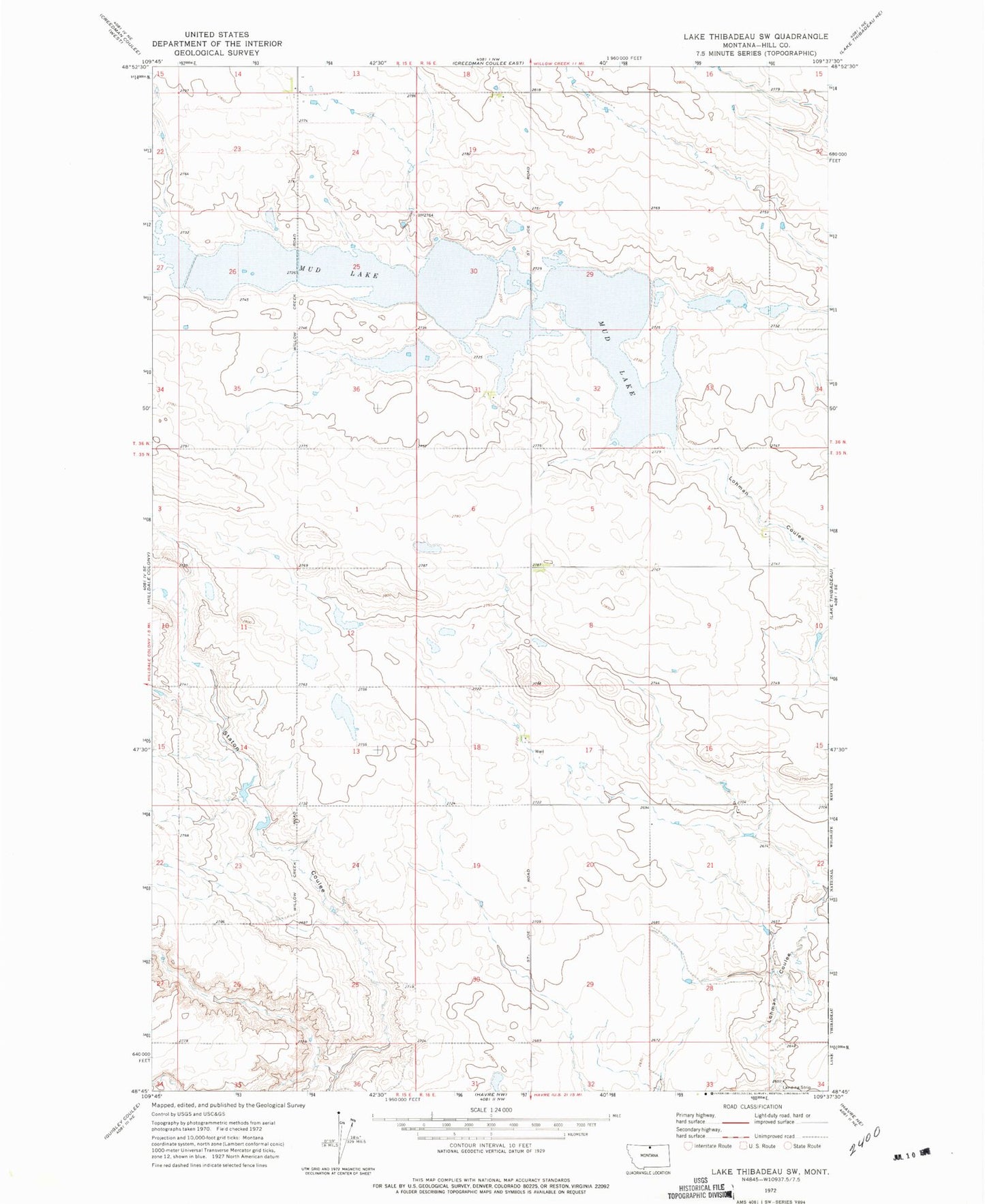 Classic USGS Lake Thibadeau SW Montana 7.5'x7.5' Topo Map Image