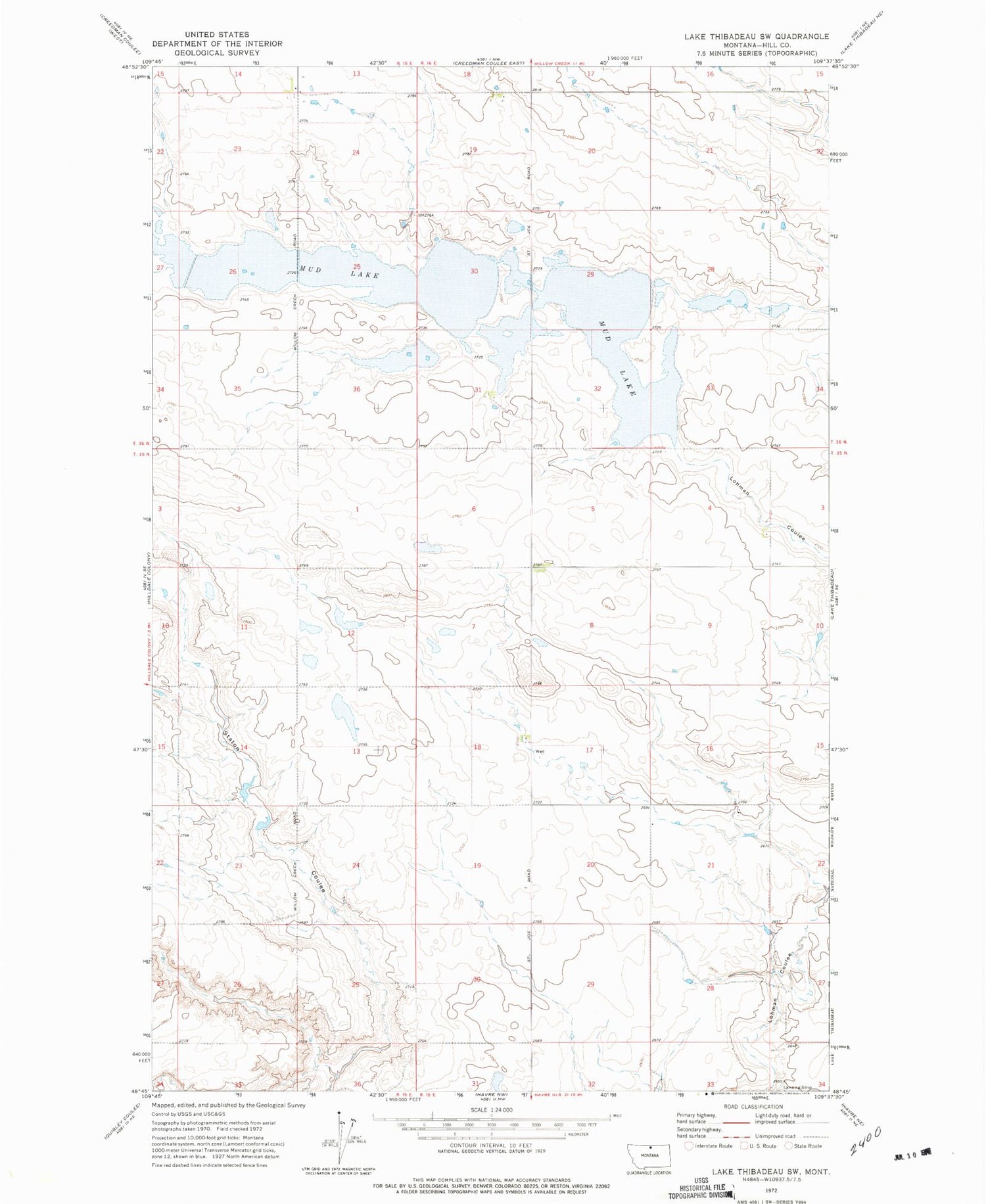 Classic USGS Lake Thibadeau SW Montana 7.5'x7.5' Topo Map Image