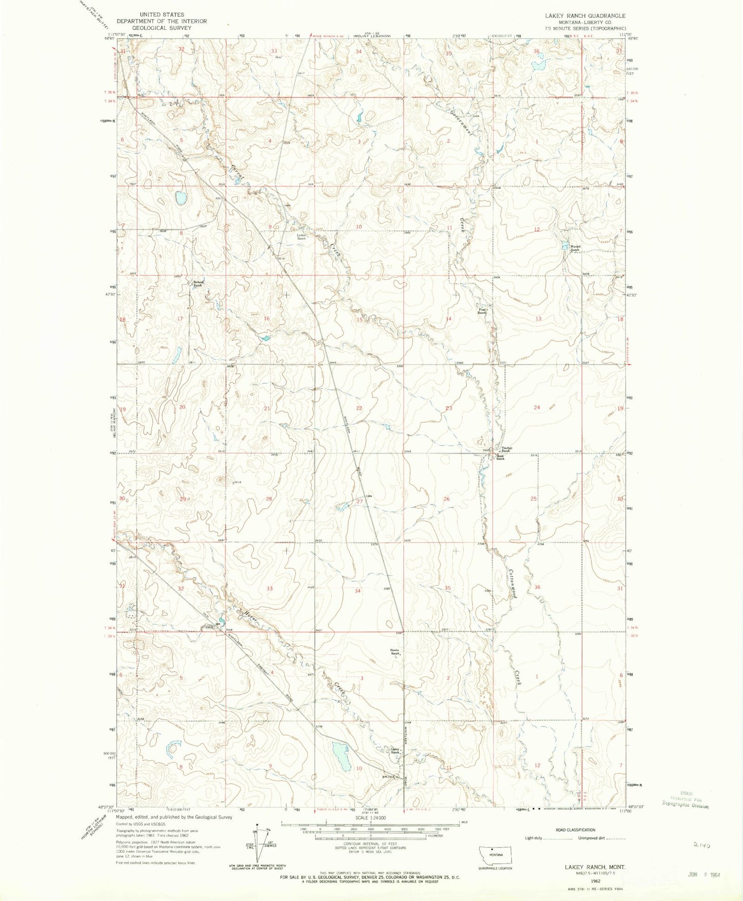 Classic USGS Lakey Ranch Montana 7.5'x7.5' Topo Map Image