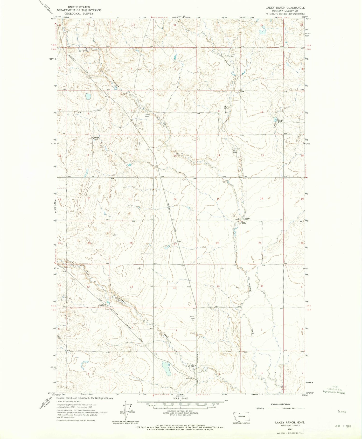 Classic USGS Lakey Ranch Montana 7.5'x7.5' Topo Map Image