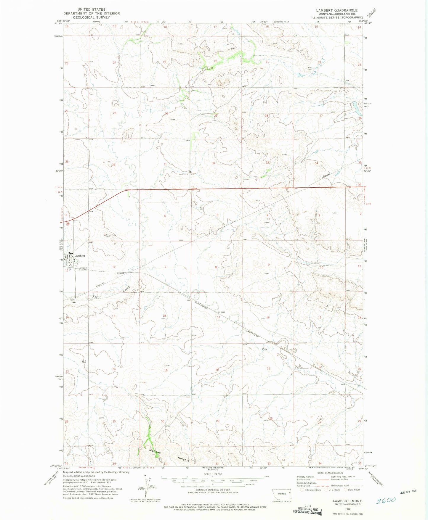 Classic USGS Lambert Montana 7.5'x7.5' Topo Map Image