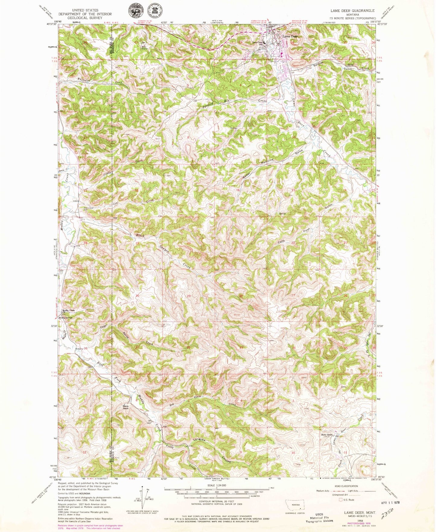 Classic USGS Lame Deer Montana 7.5'x7.5' Topo Map Image
