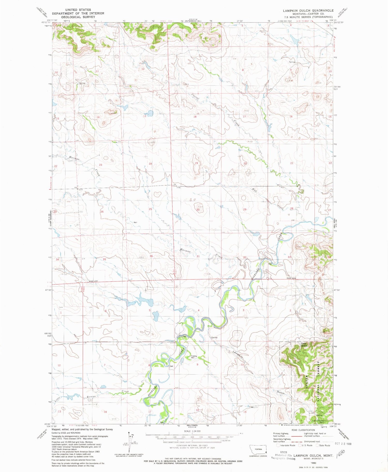 Classic USGS Lampkin Gulch Montana 7.5'x7.5' Topo Map Image