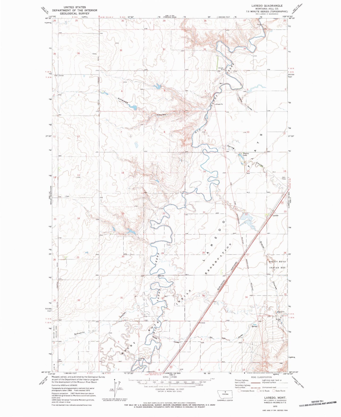 Classic USGS Laredo Montana 7.5'x7.5' Topo Map Image