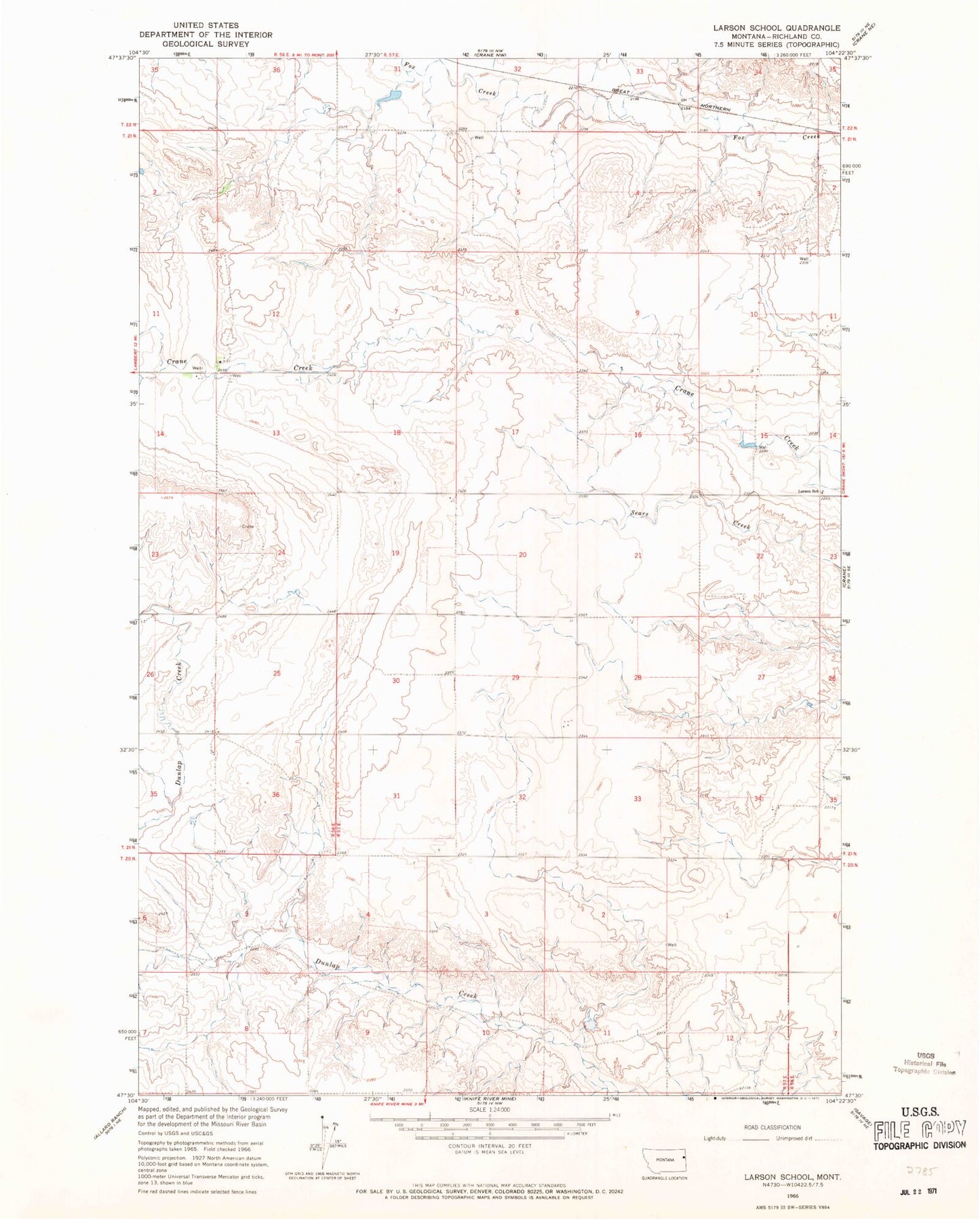 Classic USGS Larson School Montana 7.5'x7.5' Topo Map Image