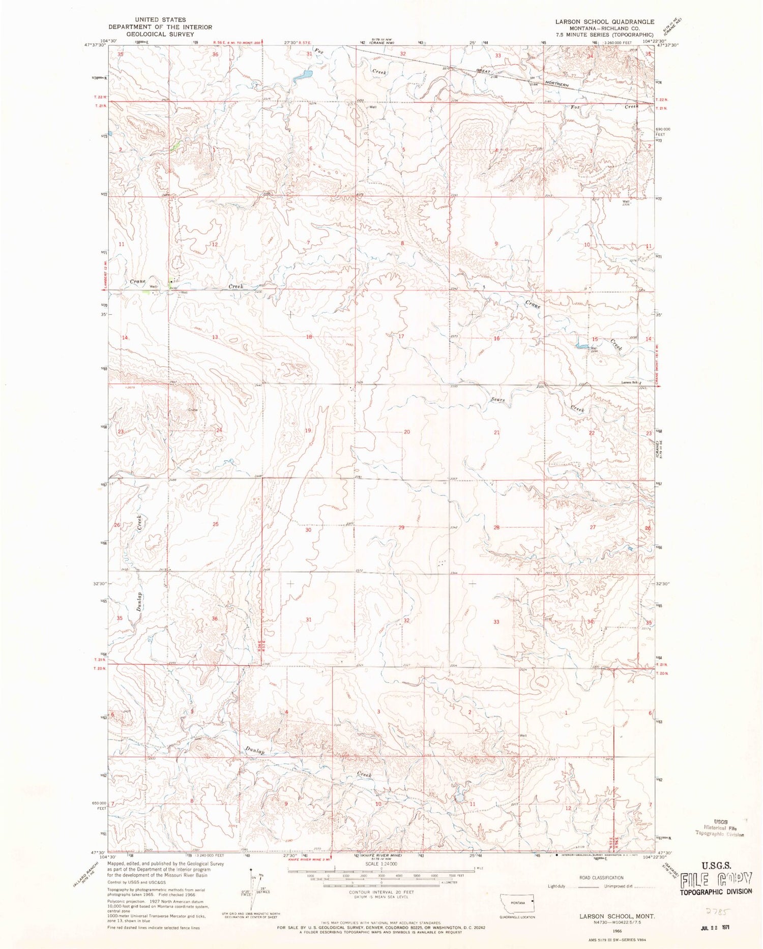 Classic USGS Larson School Montana 7.5'x7.5' Topo Map Image