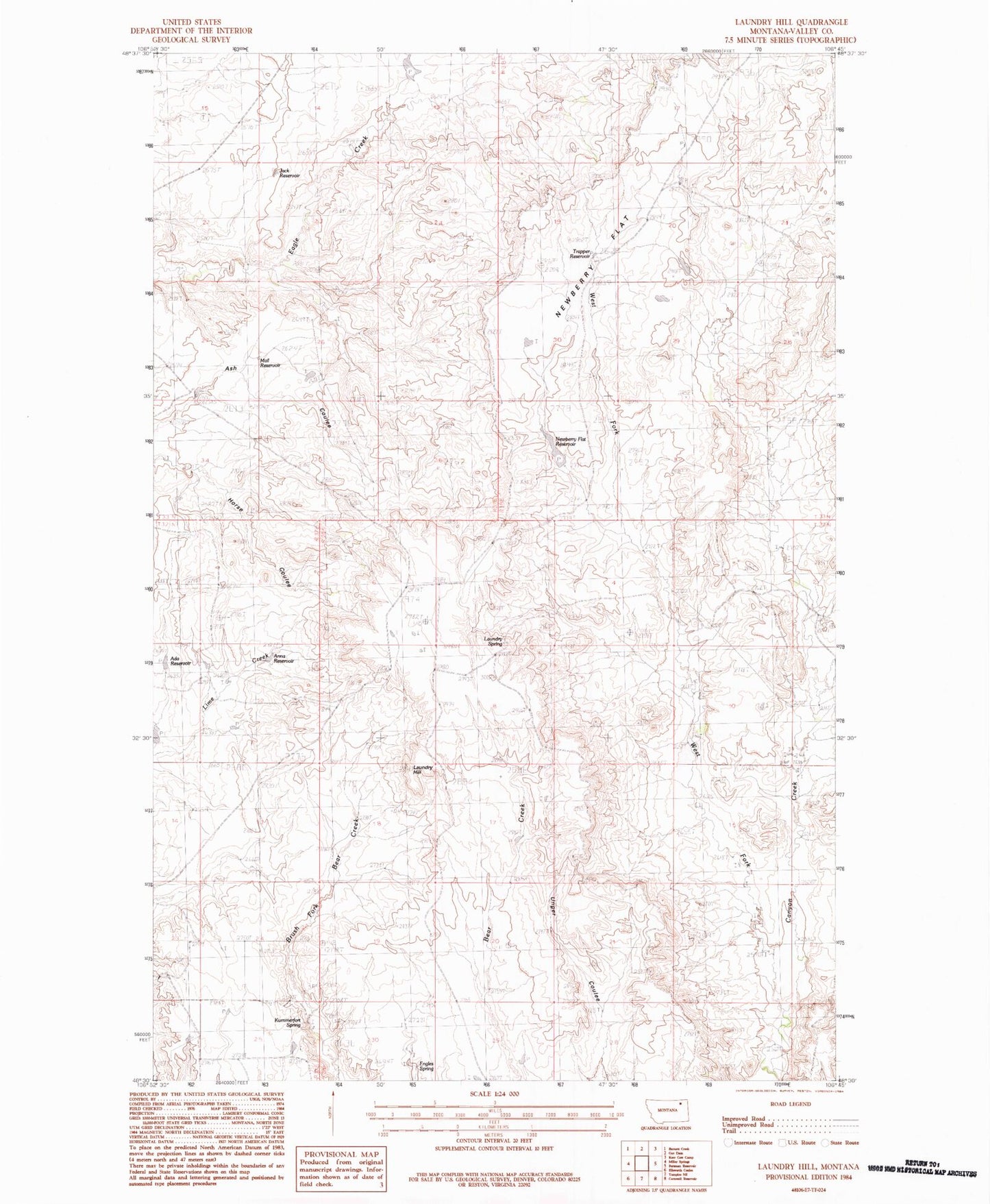Classic USGS Laundry Hill Montana 7.5'x7.5' Topo Map Image