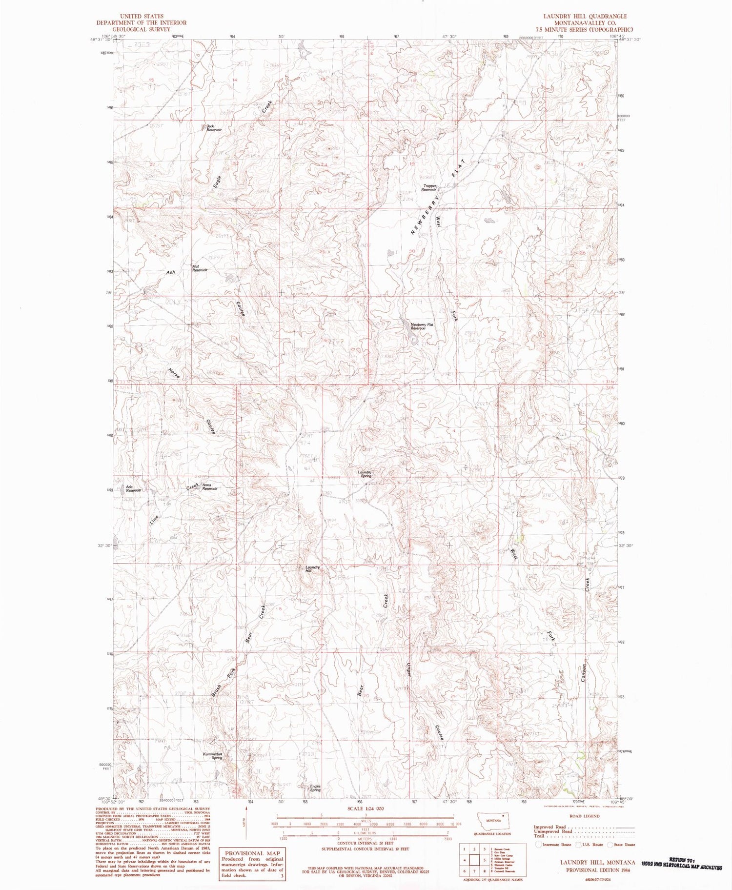 Classic USGS Laundry Hill Montana 7.5'x7.5' Topo Map Image
