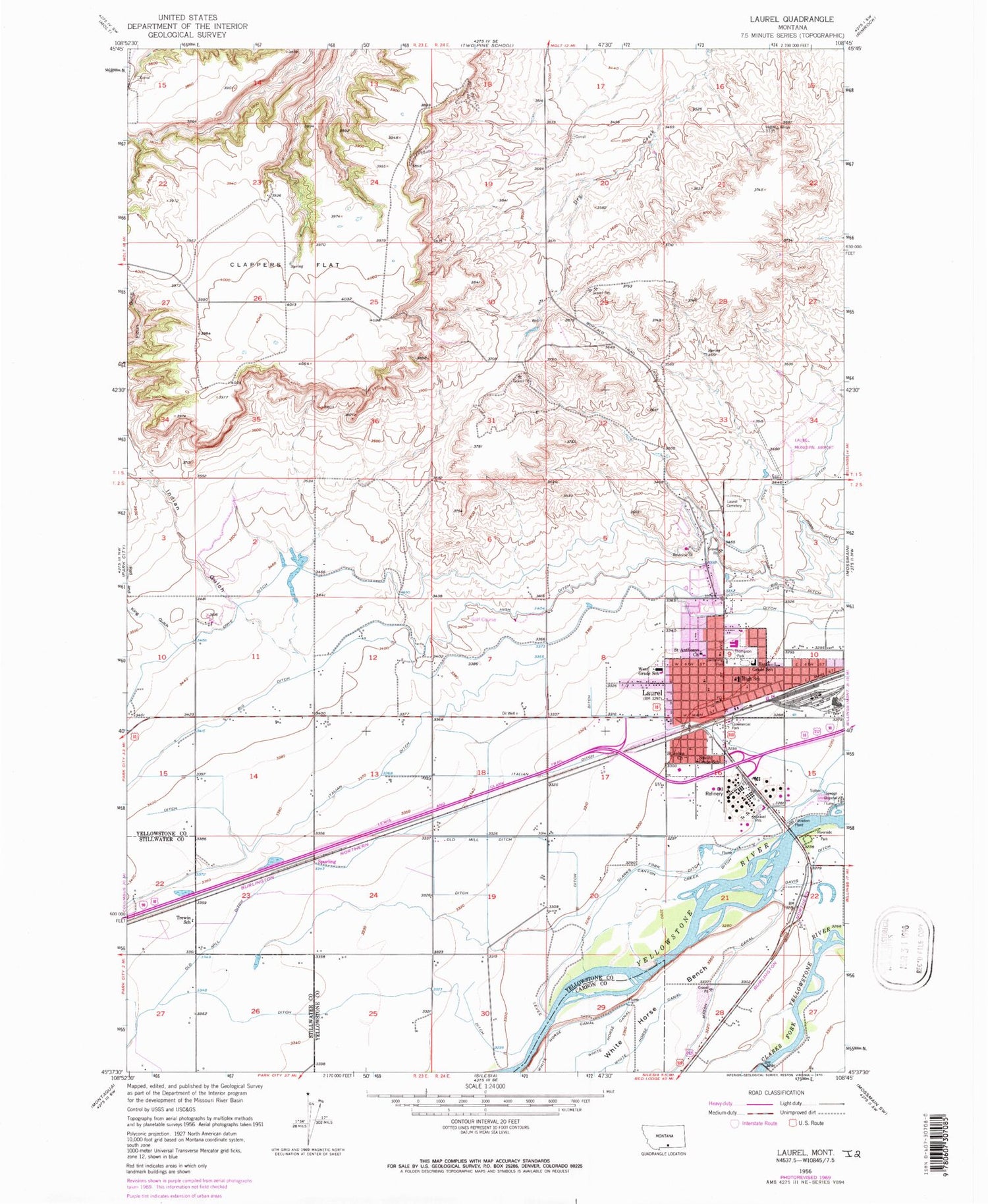 Classic USGS Laurel Montana 7.5'x7.5' Topo Map Image