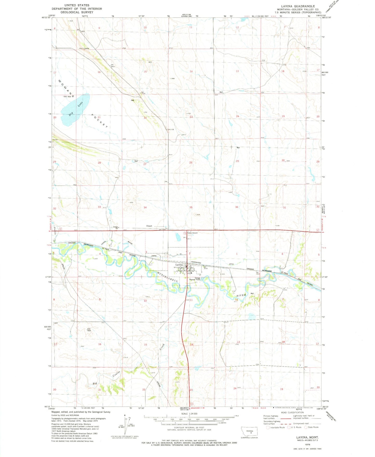 Classic USGS Lavina Montana 7.5'x7.5' Topo Map Image