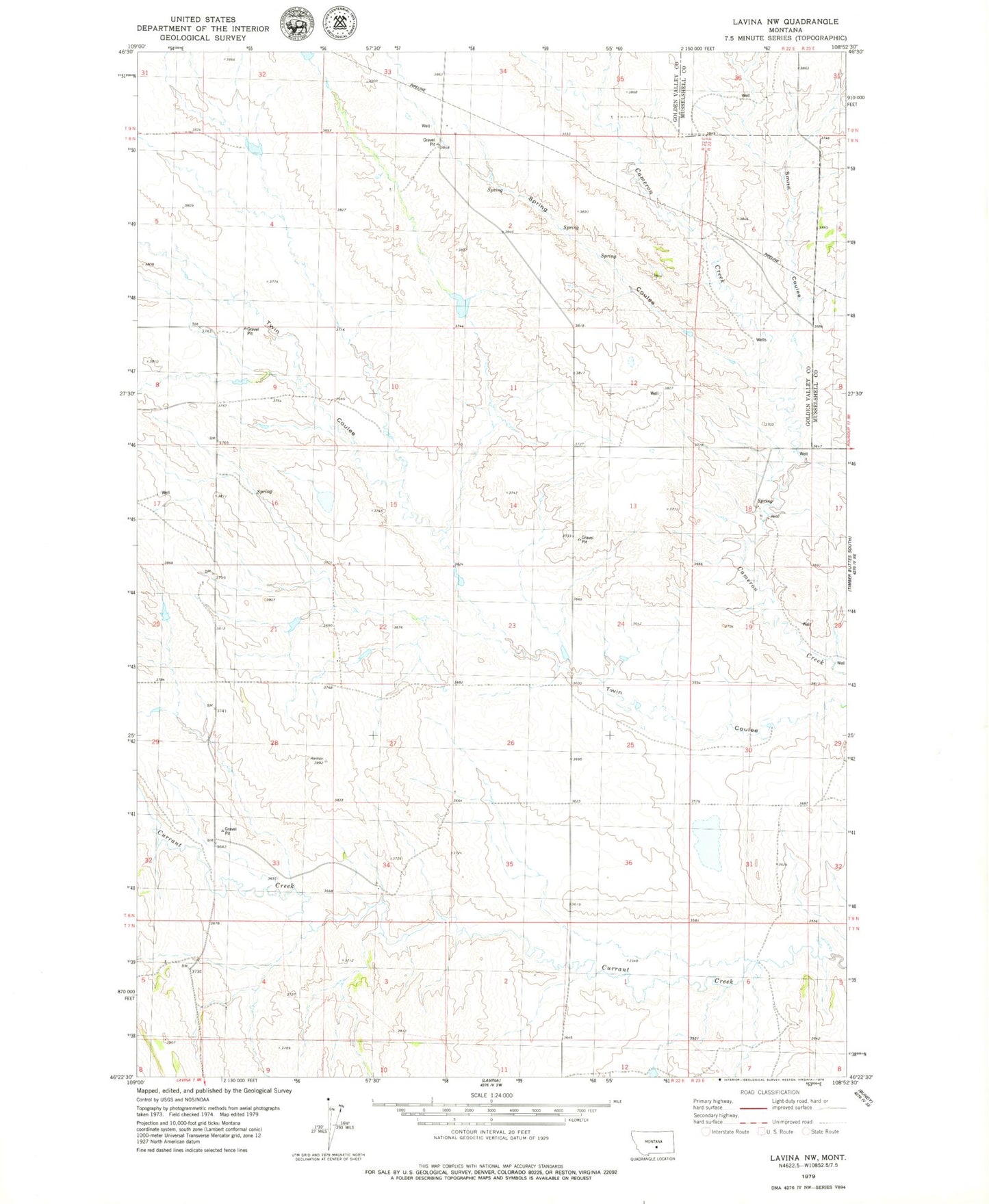 Classic USGS Lavina NW Montana 7.5'x7.5' Topo Map Image