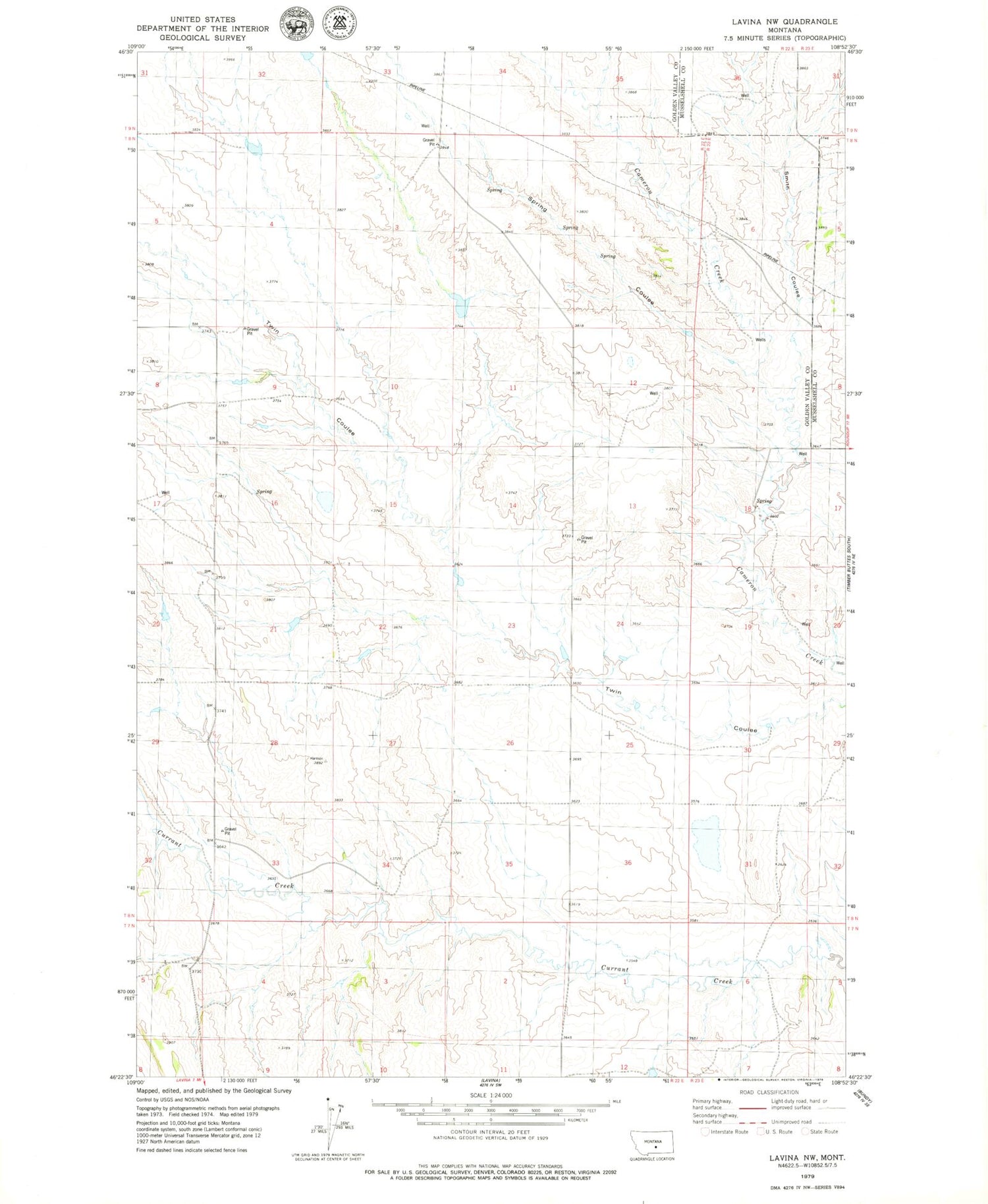 Classic USGS Lavina NW Montana 7.5'x7.5' Topo Map Image