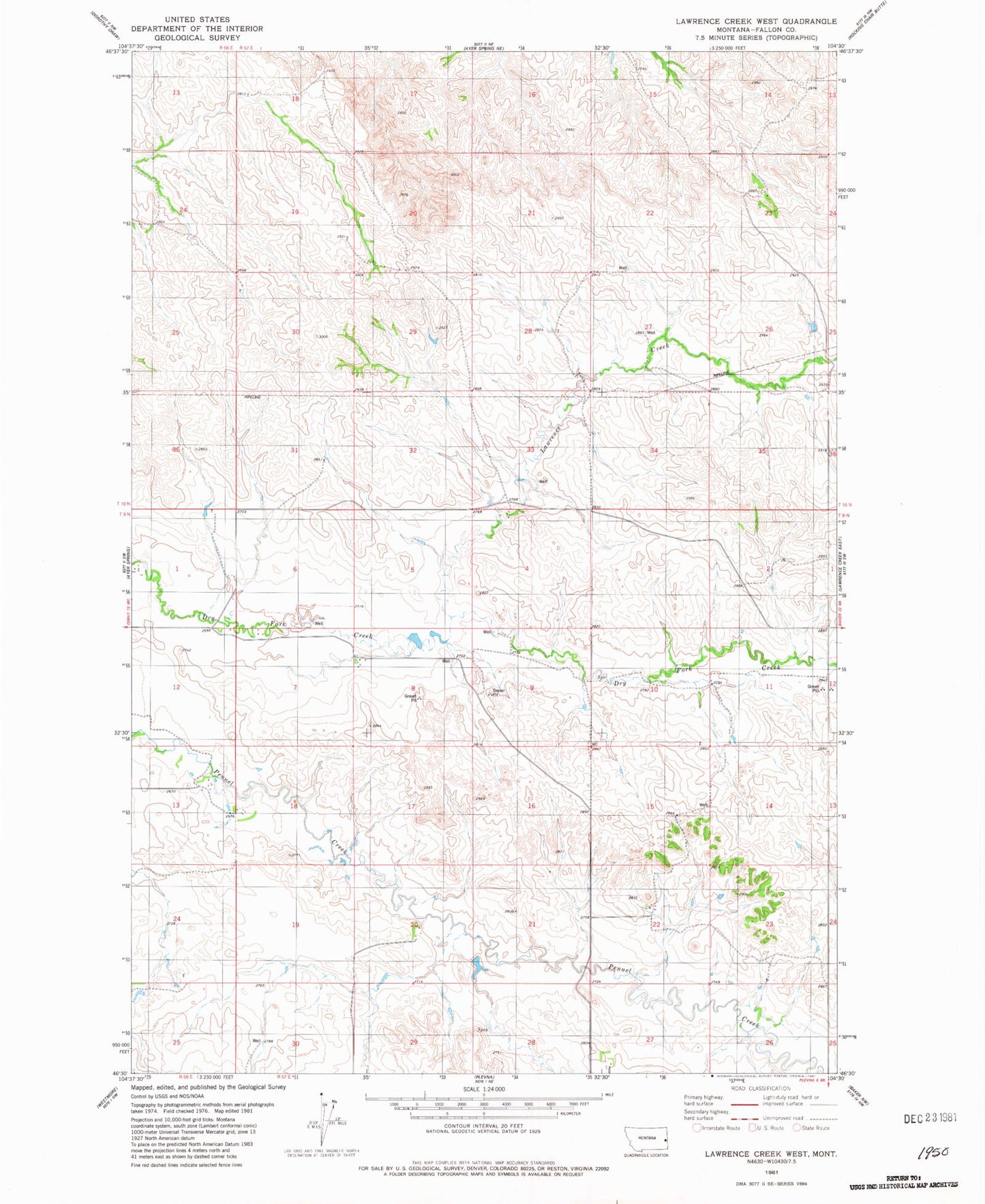 Classic USGS Lawrence Creek West Montana 7.5'x7.5' Topo Map Image